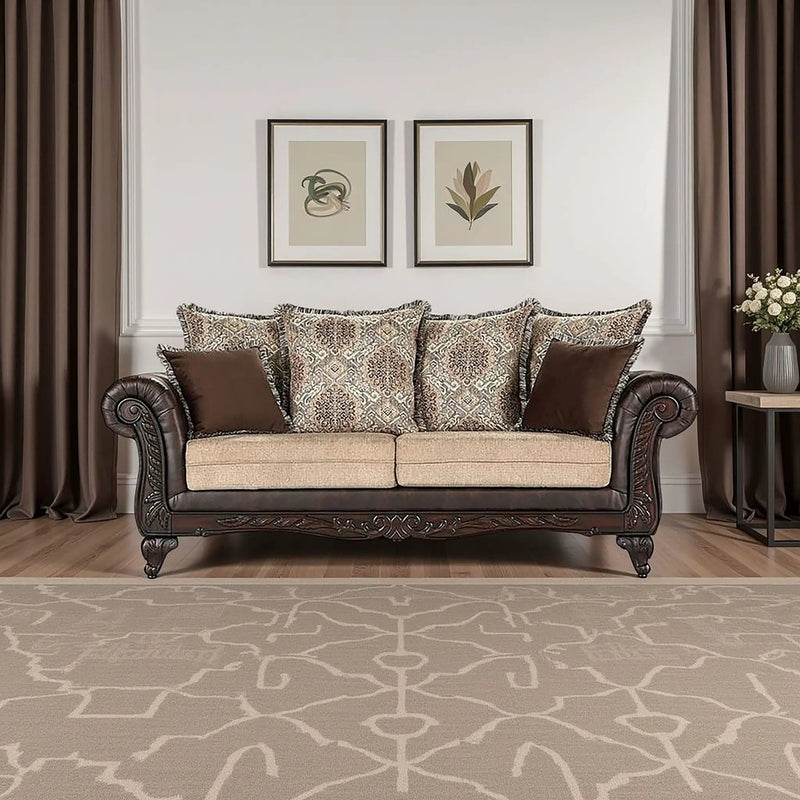 Brookridge - Rolled Arm Sofa With Ornate Details And Mixed Upholstery - Brown by HouseOfZazla