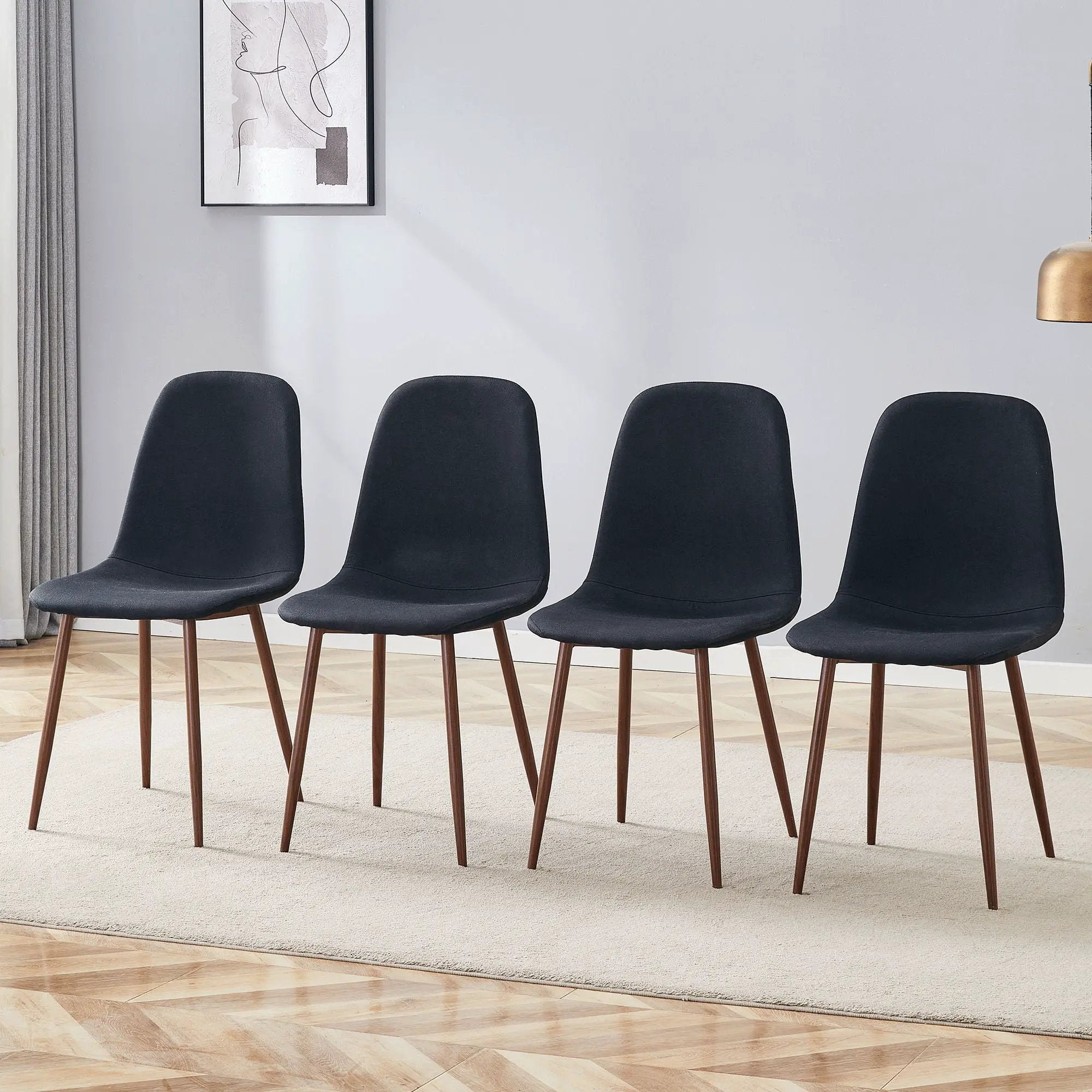 Luxury Simple Chair (Set of 4) Linen Cotton High Resilience Dining Chair With Metal Color Leg - Black / Walnut by HouseOfZazla
