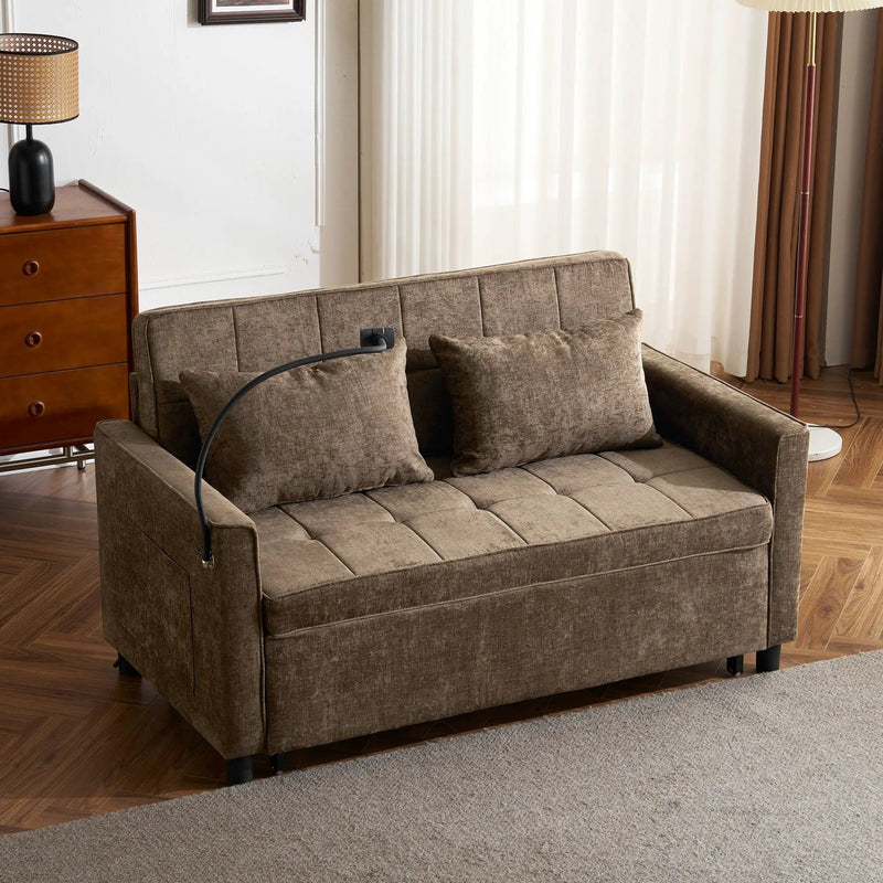 Pull-Out Sleeper Sofa With Reversible Backrest Cushion, Side Pockets, 2 USB Ports And A Phone Holder For Living Room by HouseOfZazla