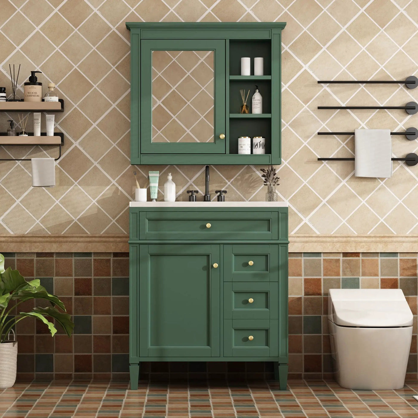 Bathroom Vanity With Top Sink, 2 Doors And 3 Drawers, Freestanding Set With Mirror Cabinet by Unique Piece Furniture