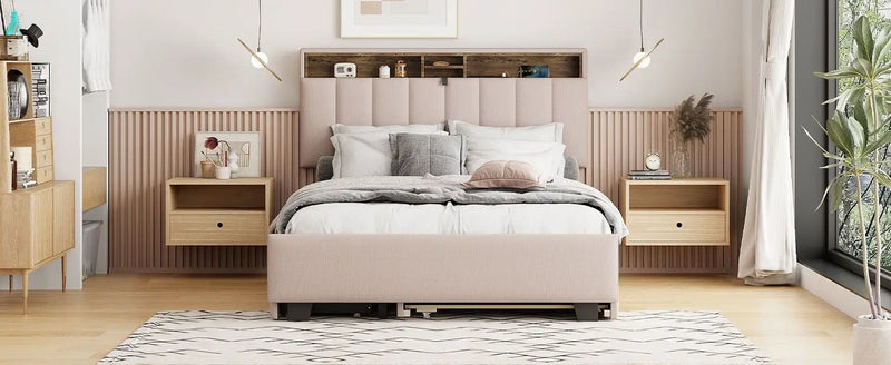 Upholstered Platform Bed With Storage Headboard, Trundle & 2 Drawers And A Set Of Sockets & USB Ports by HouseOfZazla