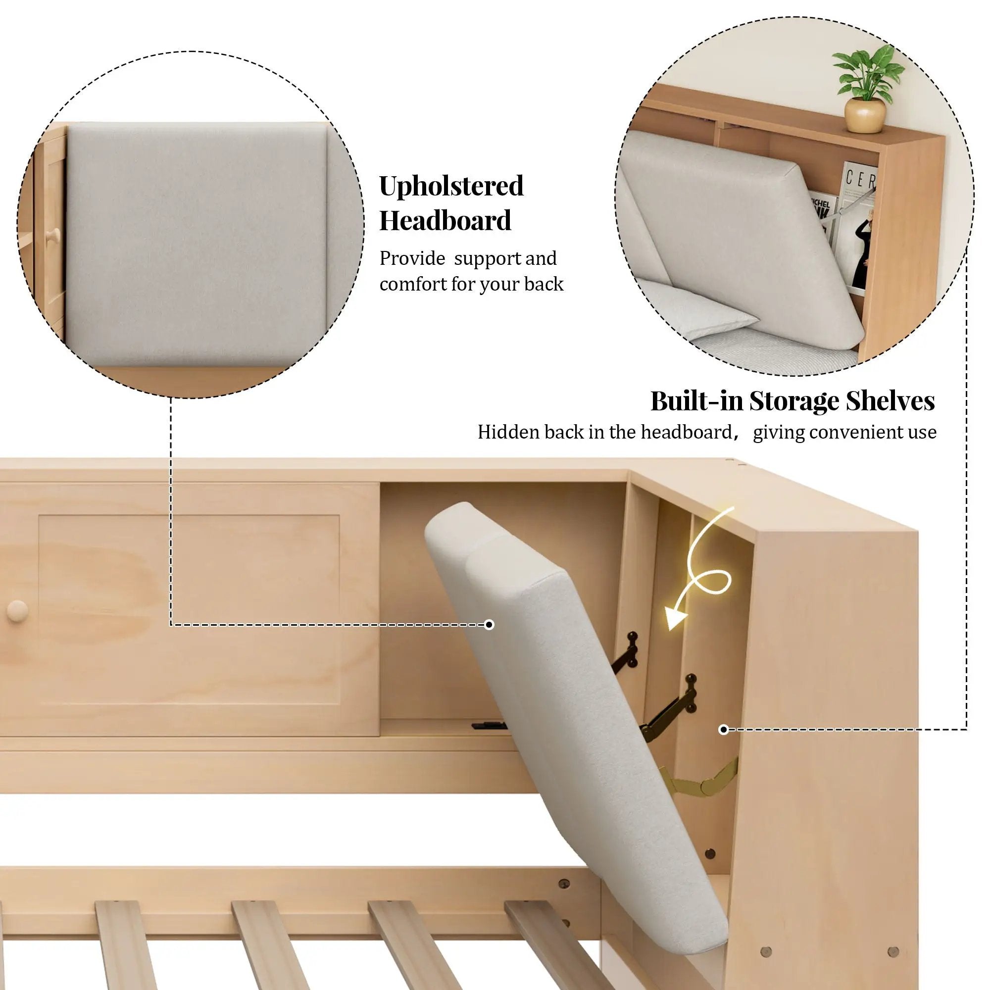 Twin L - Shaped Daybed With Storage Bookcase, Upholstered Headboard, USB Charging Ports & Hidden Drawers - Natural by HouseOfZazla