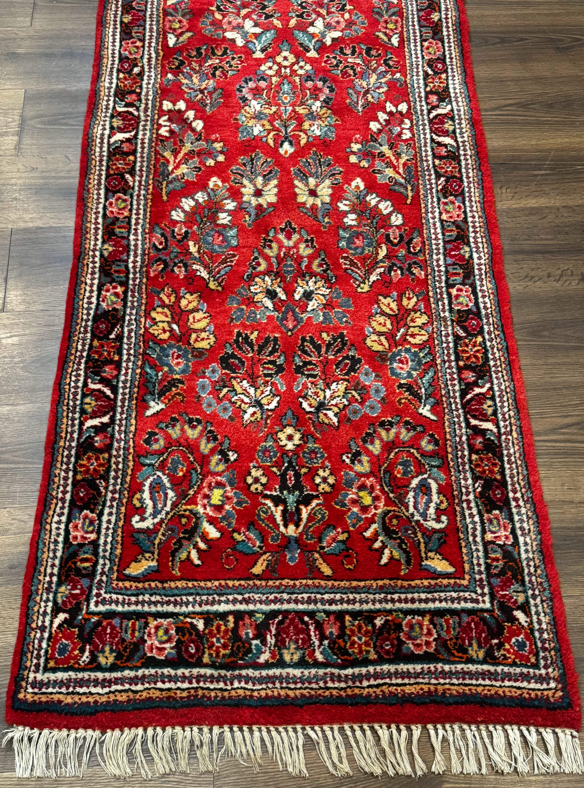 Persian Sarouk Runner Rug 3x12, Red Floral 3 x 12ft Runner, Vintage, Wool by Jewel Rugs