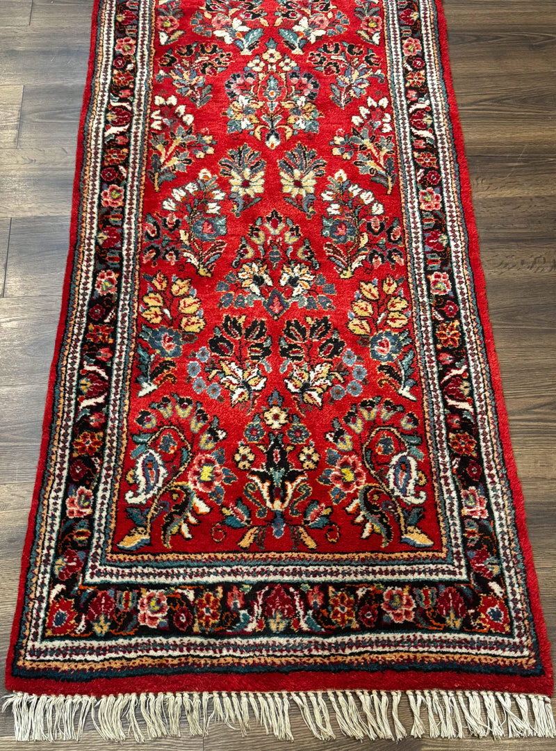 Persian Sarouk Runner Rug 3x12, Red Floral 3 x 12ft Runner, Vintage, Wool by Jewel Rugs