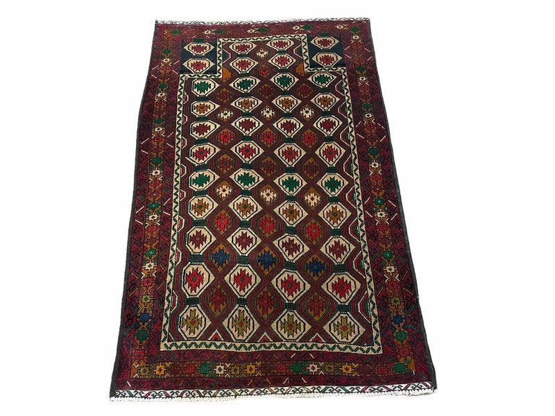 3x5 Vintage Handmade Wool Rug Tribal Turkoman Balouch Prayer Rug Organic Dyes by Jewel Rugs