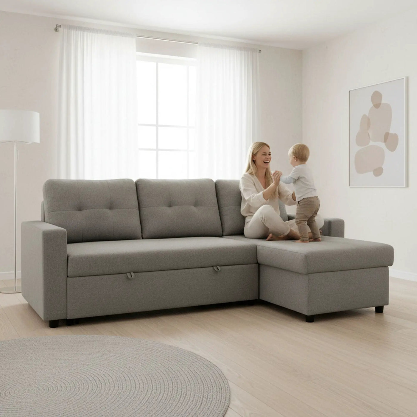 Convertible L Shaped Sectional Sleeper Sofa Bed, Saving Pull Out Couch by Unique Piece Furniture