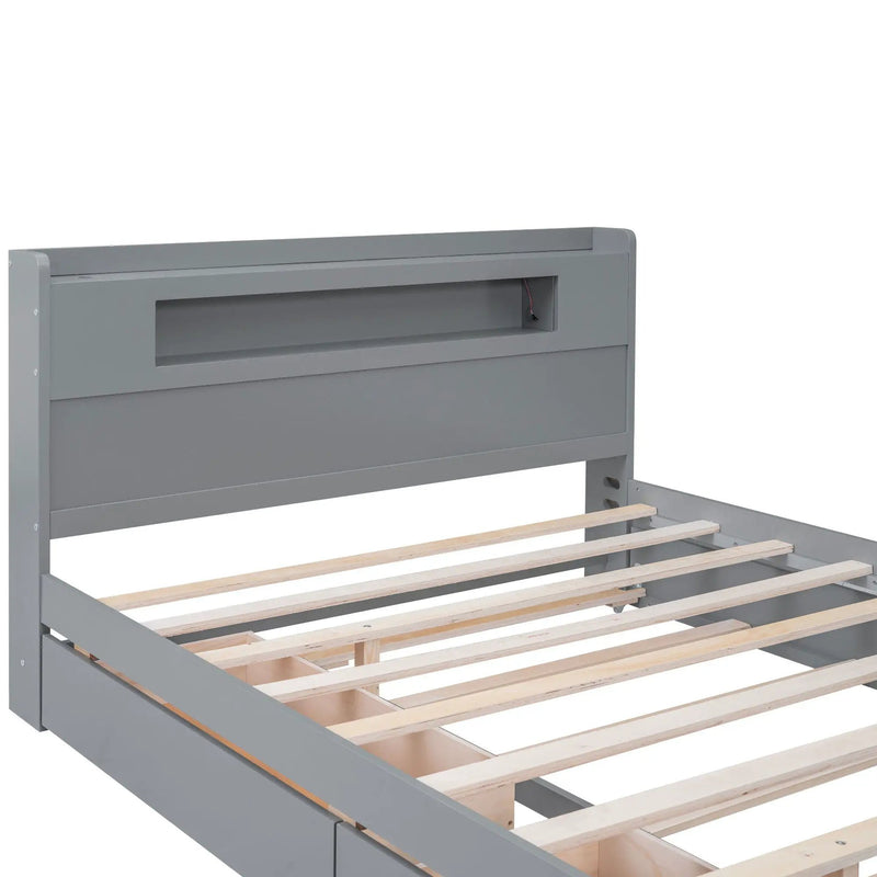 Storage Platform Bed With LED Lights, 2 Drawers And Trundle