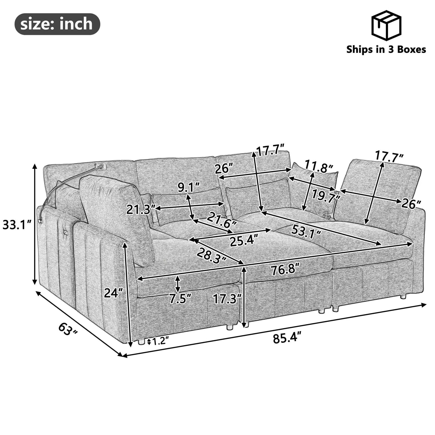 Modern Modular U-Shaped Sofa Bed With Movable Ottoman, USB Ports, Phone Holder by HouseOfZazla