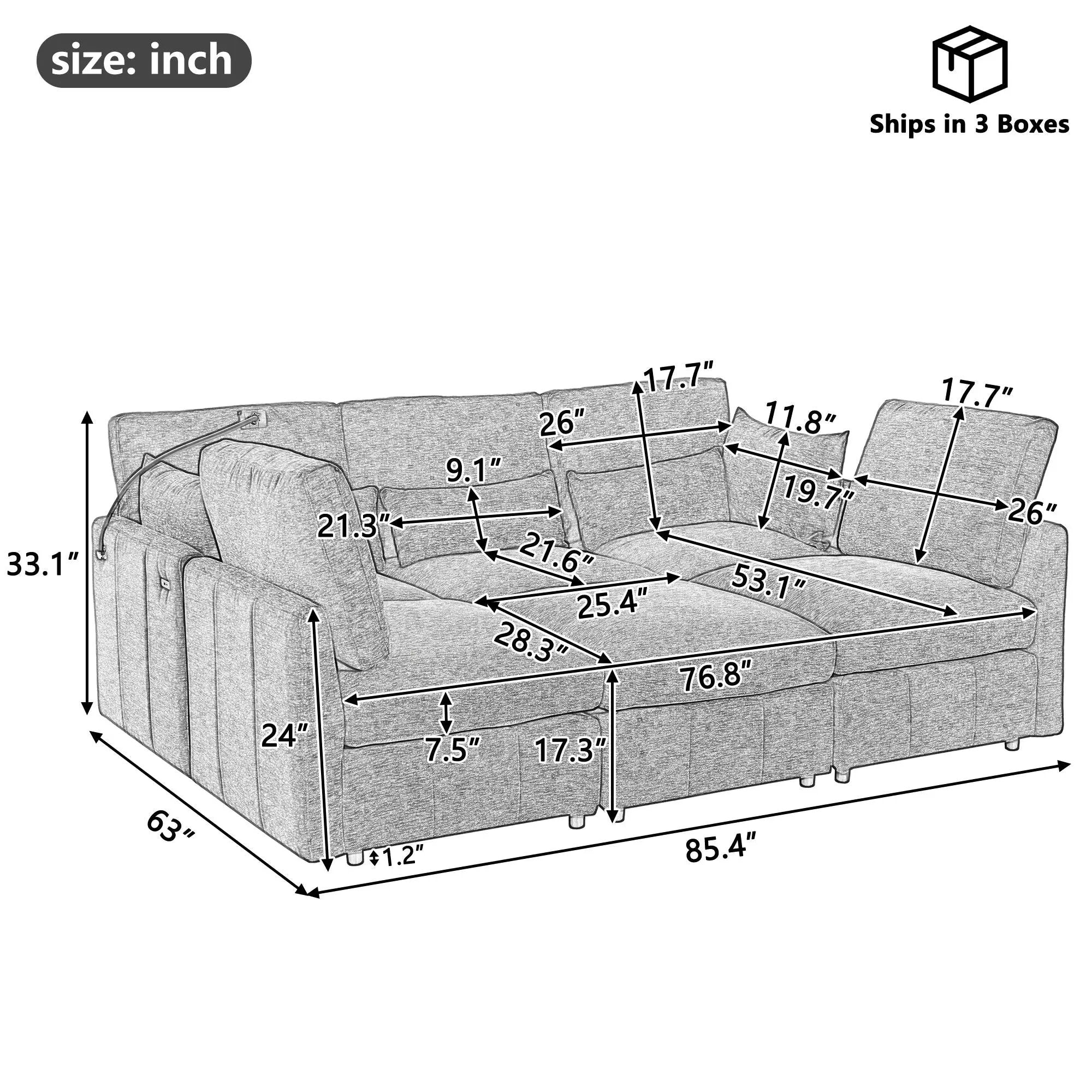Modern Modular U-Shaped Sofa Bed With Movable Ottoman, USB Ports, Phone Holder by HouseOfZazla