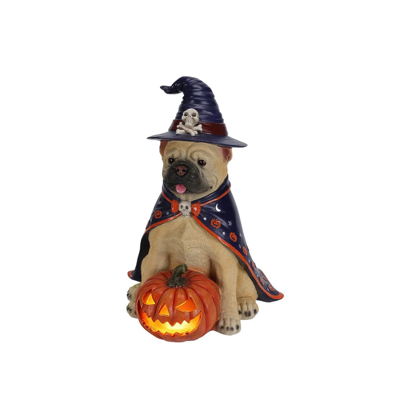 Halloween Bulldog Witch Statue, LED Light Up Jack-O-Lantern Pumpkin by HouseOfZazla