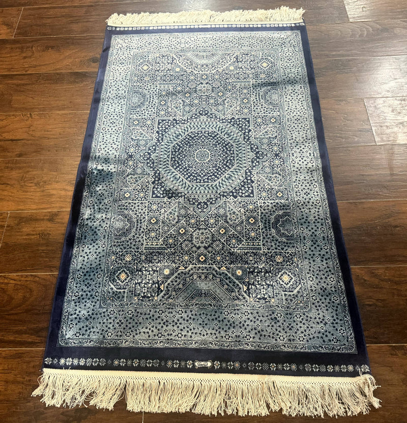 Blue Turkish Silk Hereke Rug 2.6 x 4, Mamluk Red, Blue, Bamboo Silk by Jewel Rugs