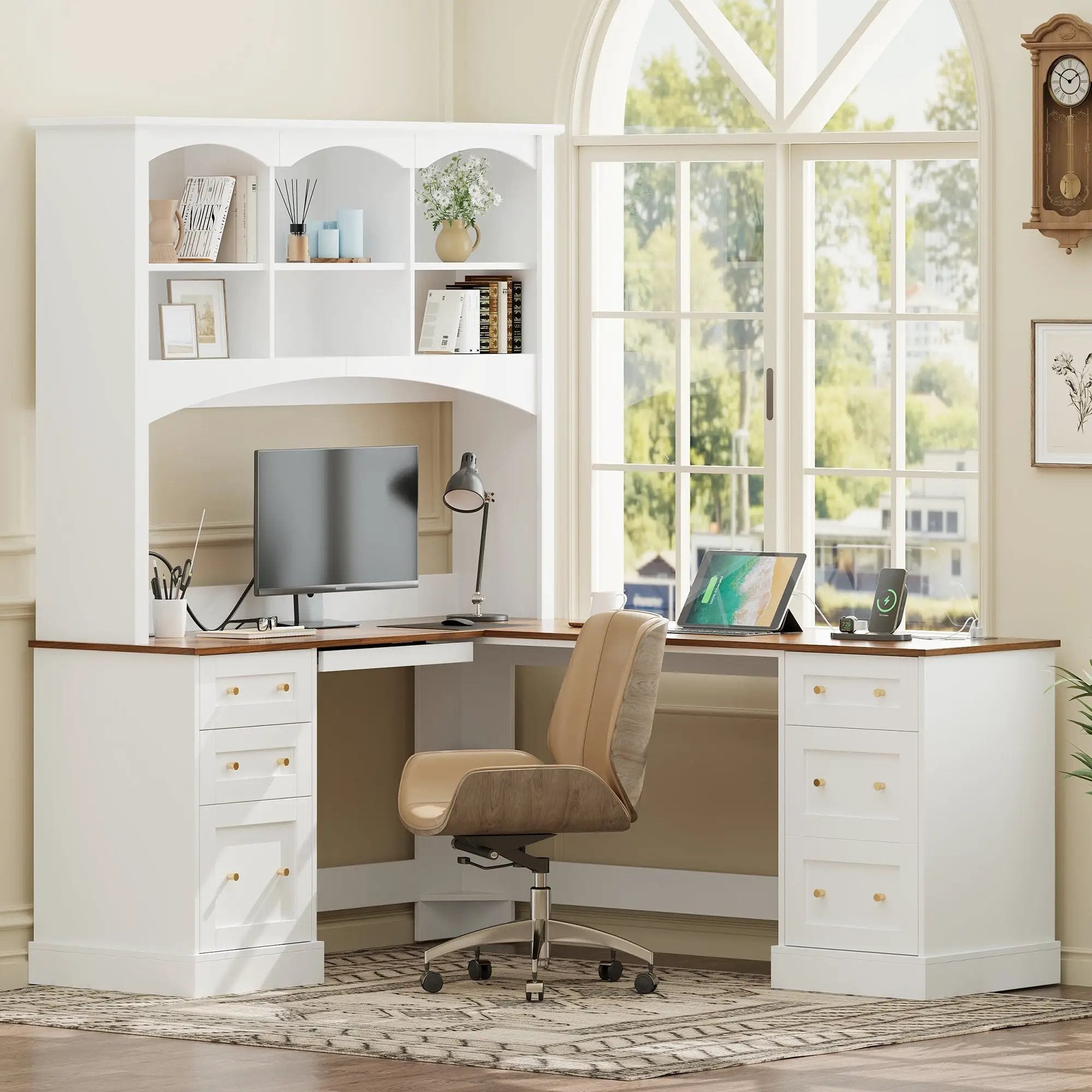 Space-Saving L-Shaped Computer Desk with Keyboard Tray & Charging Stations by HouseOfZazla