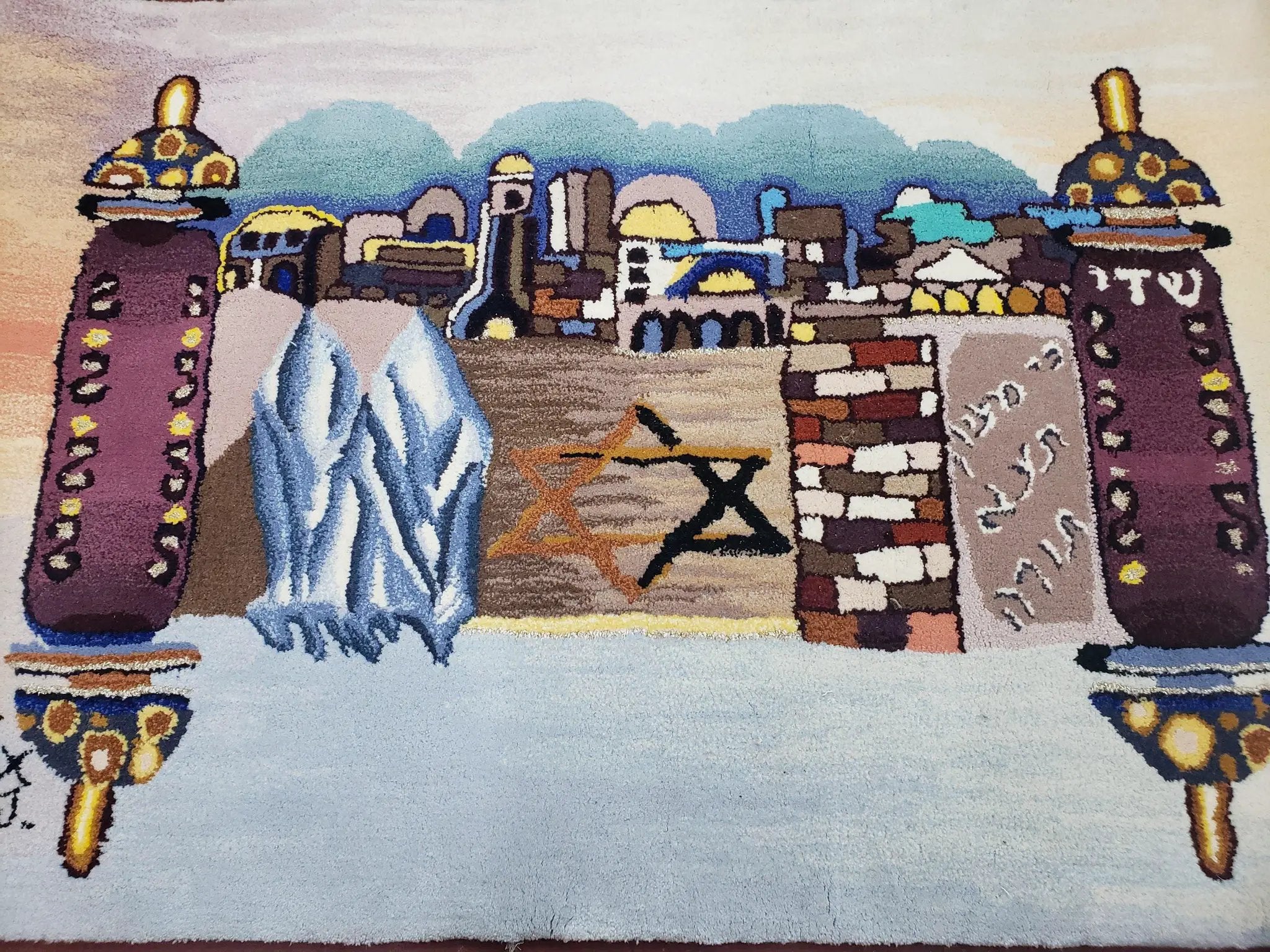 Vintage Judaica Pictorial Rug 3x5, Wool Hand-Tufted Israeli Signed Rug, Jerusalem Rug, Star of David Torah Scroll Verses, Chanuka Gift by Jewel Rugs
