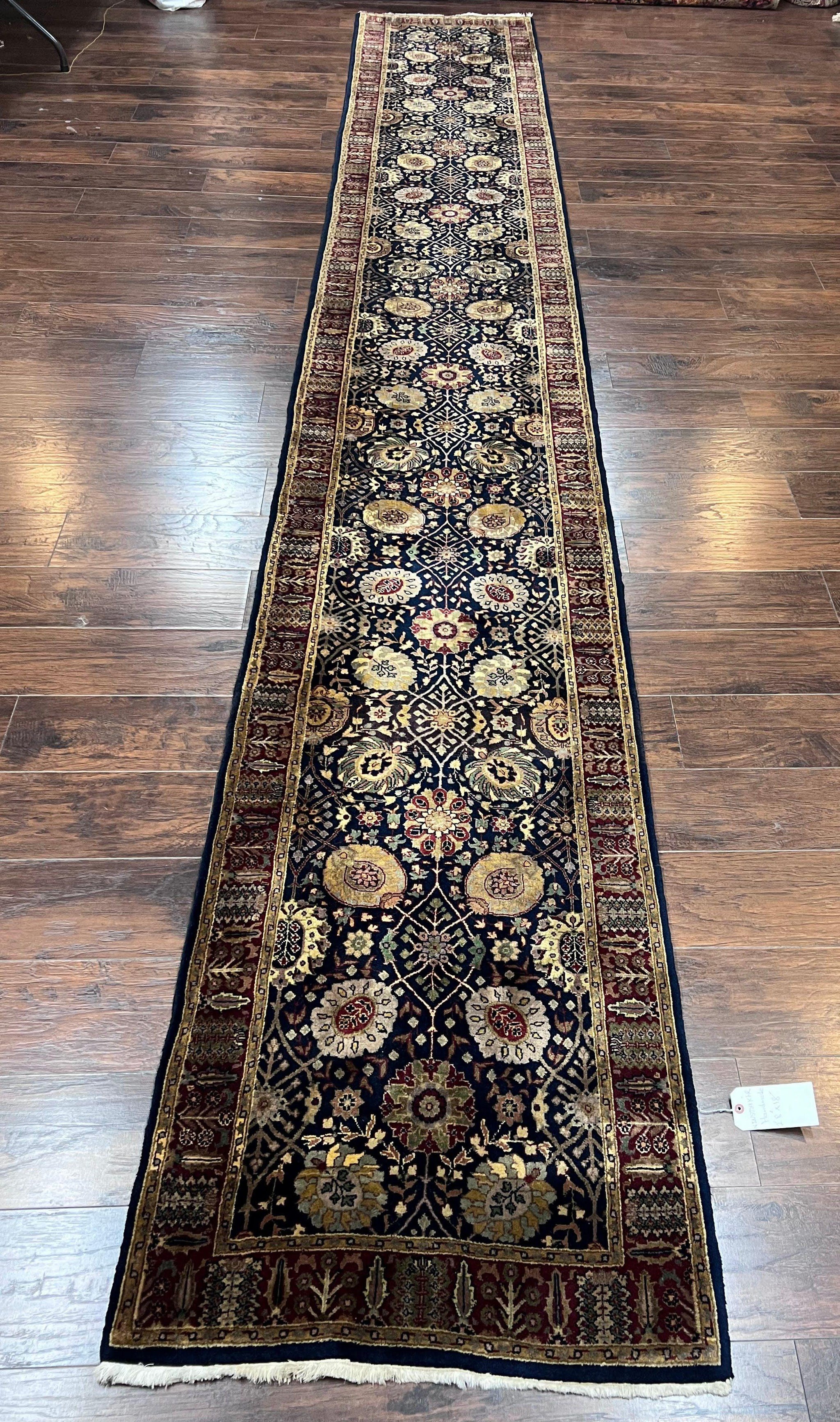 Indo Persian Runner 2.8 x 18, Long Skinny Hallway Wool Runner Rug, Hand Knotted Vintage Floral Allover Traditional Runner Dark Blue Burgundy by Jewel Rugs
