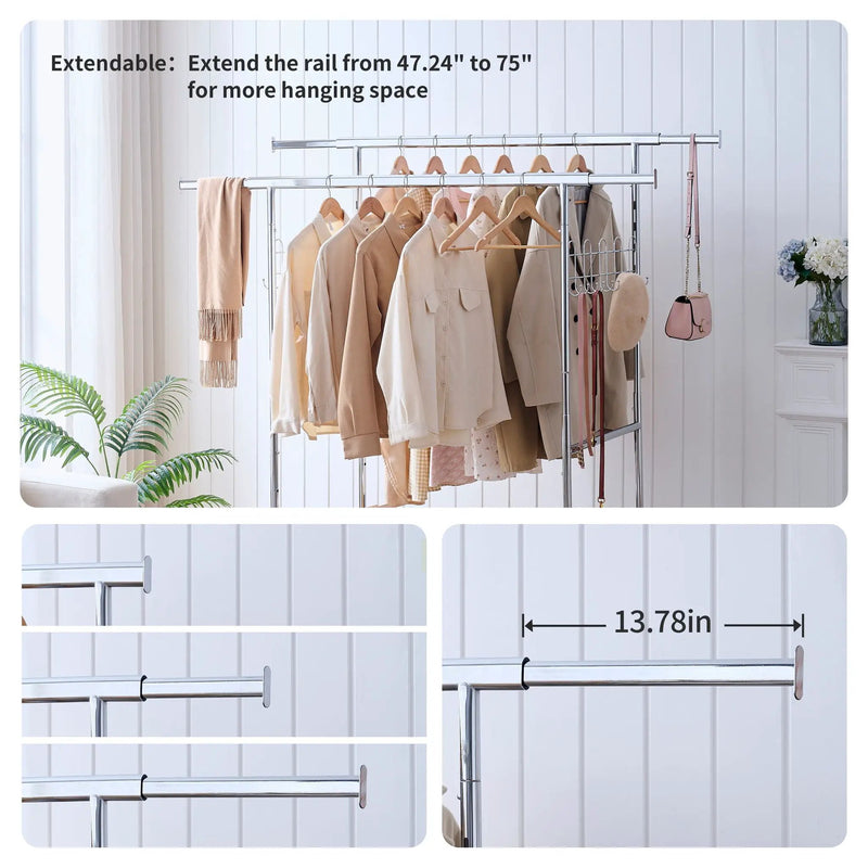 Heavy Duty Double Clothing Garment Rack With Shelves - Silver by HouseOfZazla