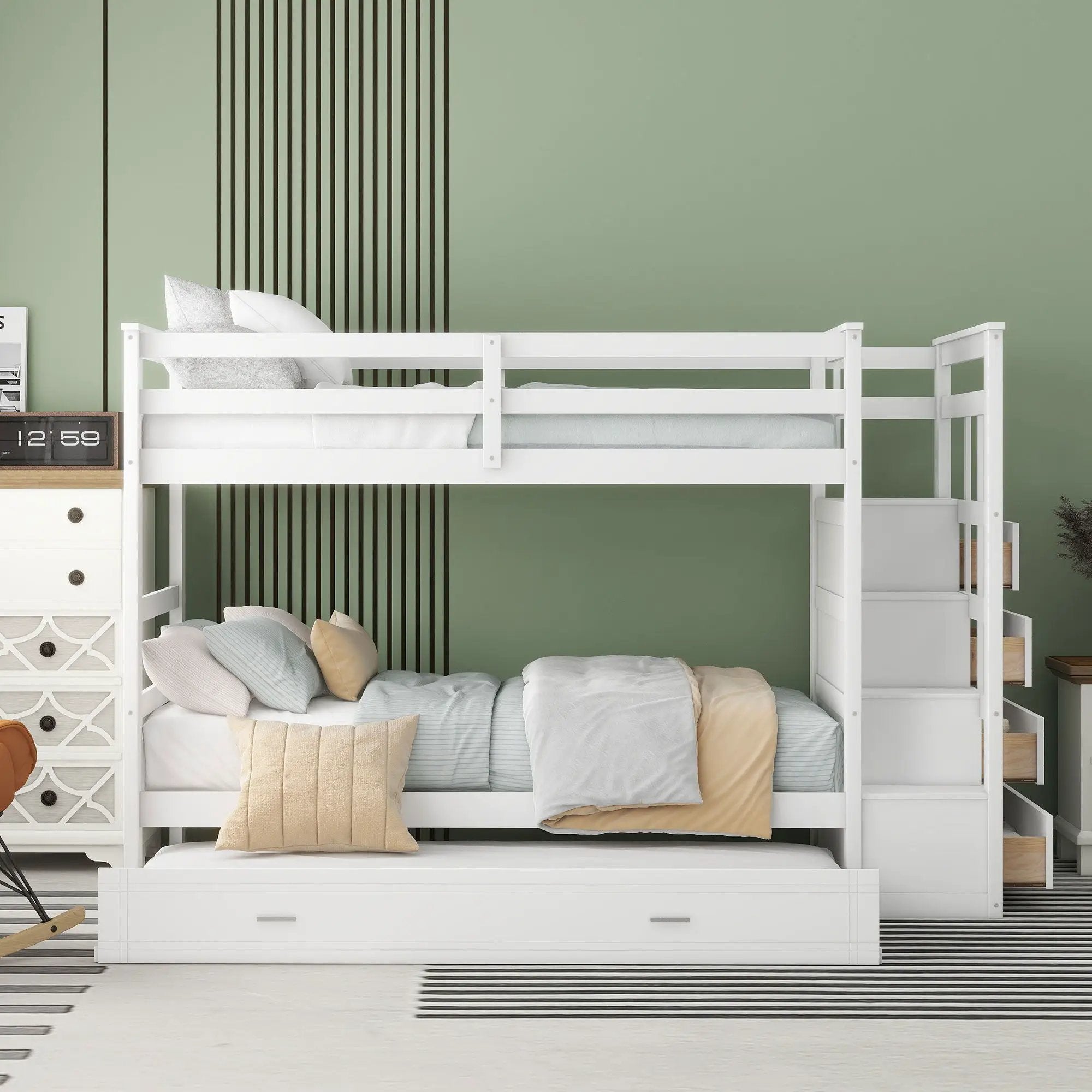 Twin Over Twin Bunk Bed With Trundle And Staircase - White by Unique Piece Furniture