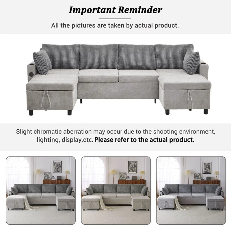 Sectional Sofa Bed With Pull Out Sleeper, USB Ports, Cup Holders by HouseOfZazla
