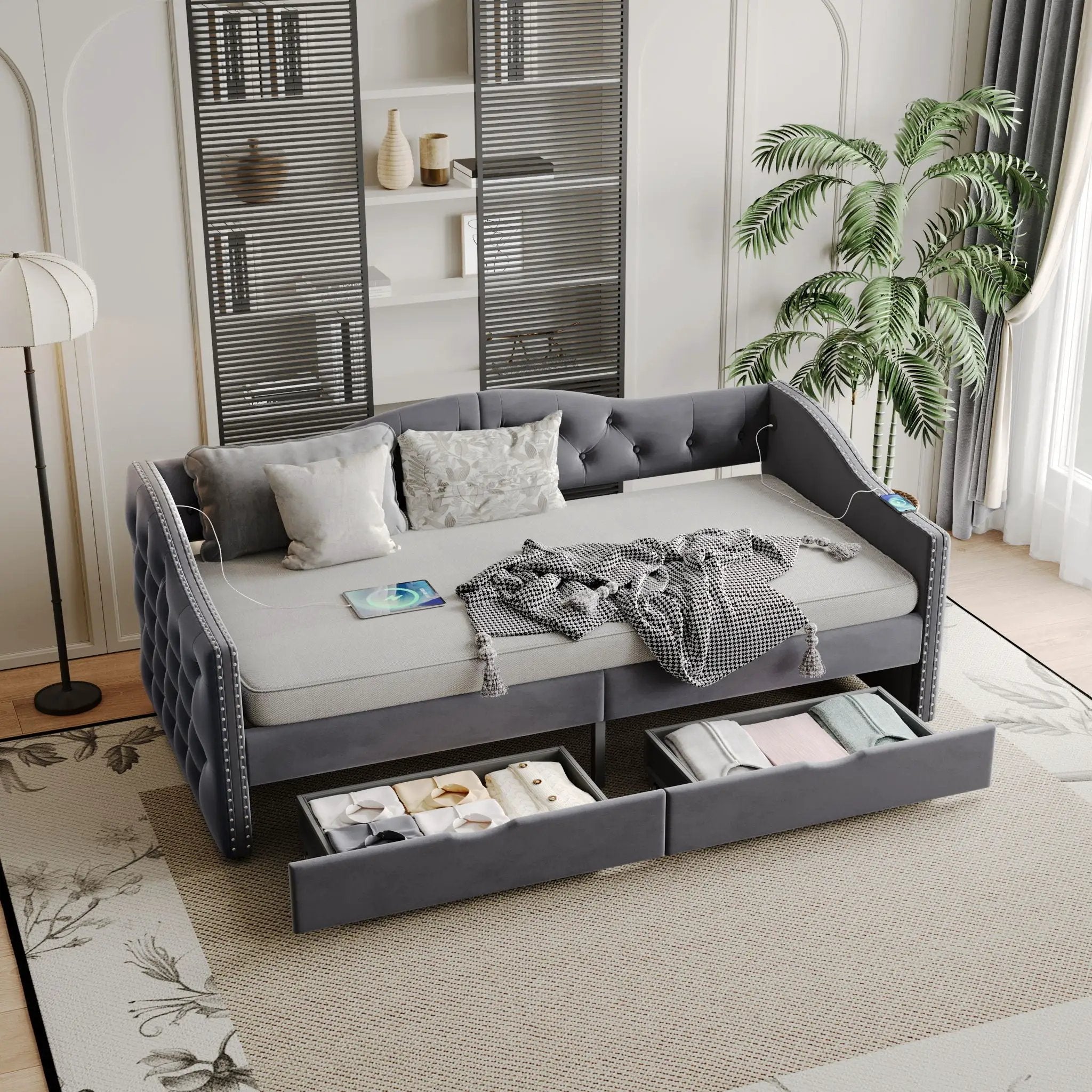 Full Size Bed Frame, Upholstered Cloud Bed Frame With Headboard, 2 Storage Drawers And 2 USB Charging Design, No Box Spring Needed - Gray by Unique Piece Furniture
