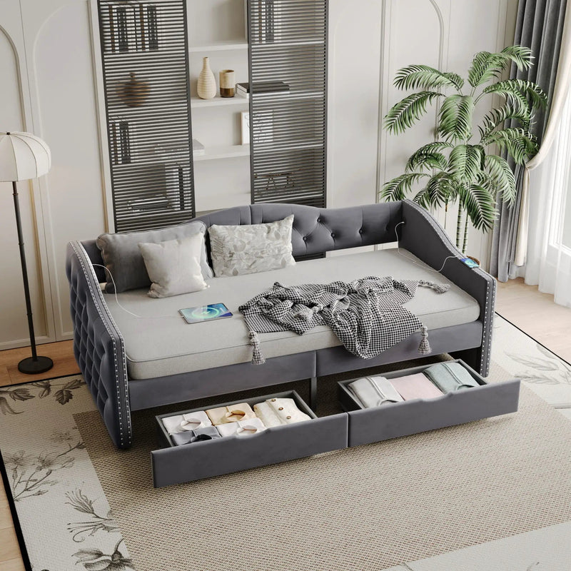 Full Size Bed Frame, Upholstered Cloud Bed Frame With Headboard, 2 Storage Drawers And 2 USB Charging Design, No Box Spring Needed - Gray by Unique Piece Furniture