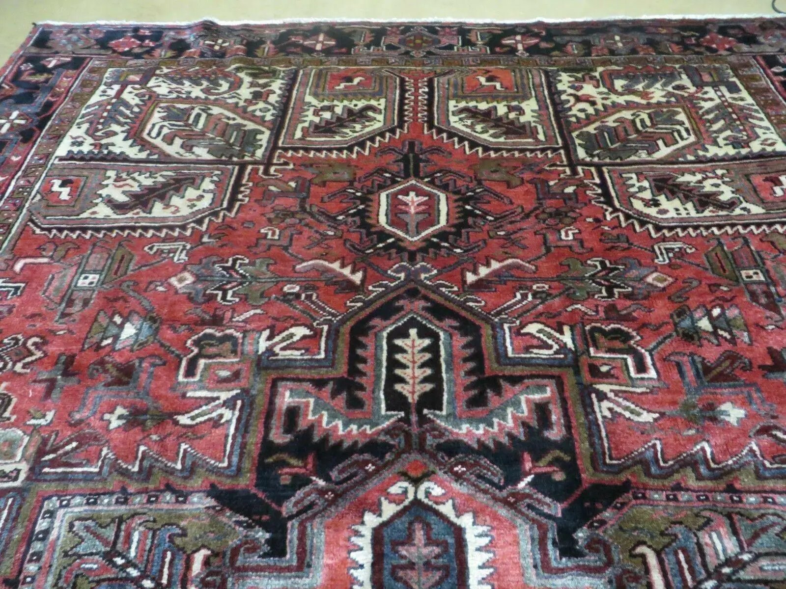 Persian Heriz Rug 8x12 Semi Antique Heriz Carpet, Room Sized Persian Carpet, Geometric Medallion, Wool, Hand Knotted, Red Ivory Dark Blue by Jewel Rugs