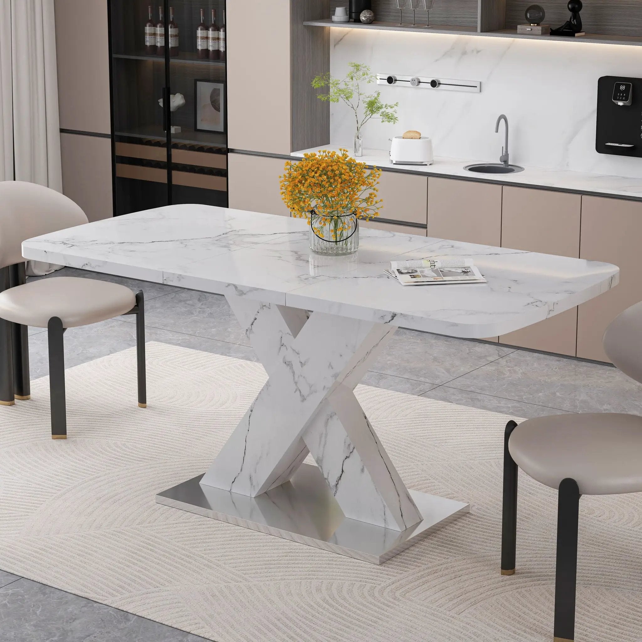 Modern Rectangle Dining Table With Stretchable TopAnd X Shape Legs by Unique Piece Furniture