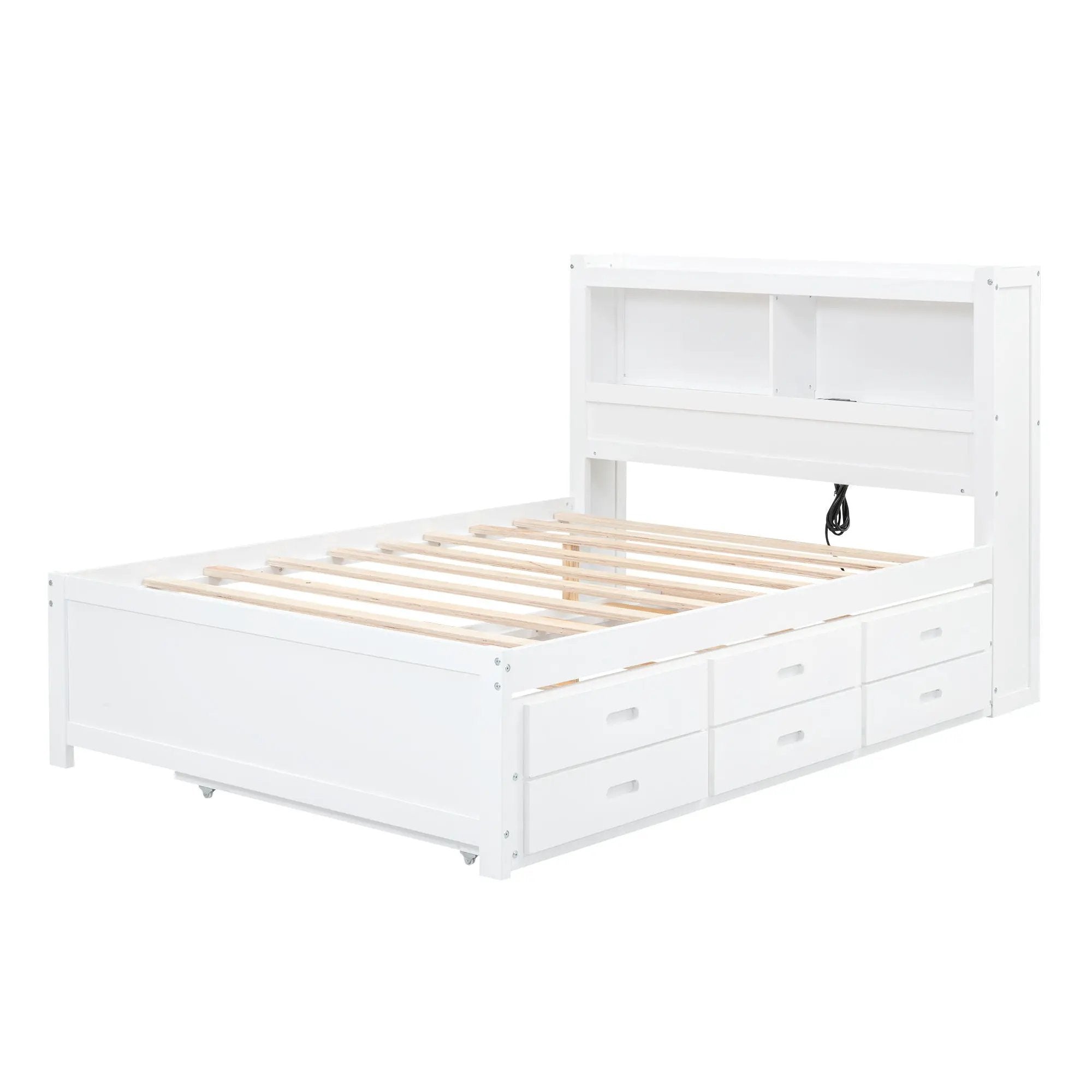 Full Size Platform Bed With Trundle, Drawers, USB Ports And Built In Shelves - White by HouseOfZazla