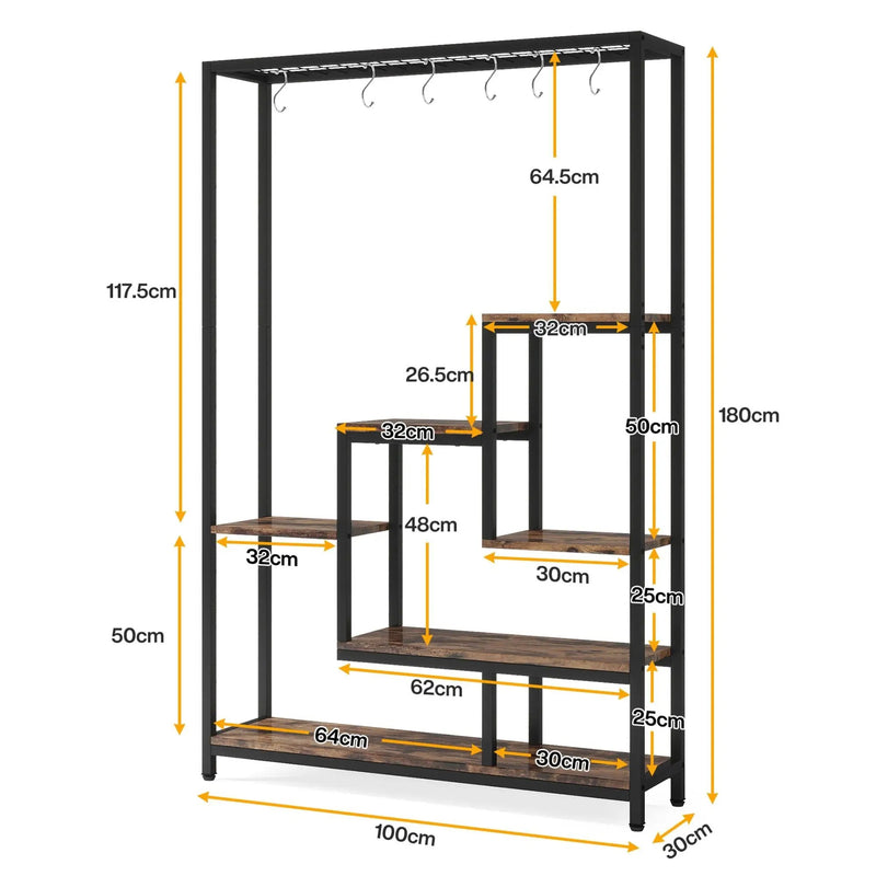 5 Tier Plant Stand With 6 Hooks For Living Room - Brown / Black by HouseOfZazla
