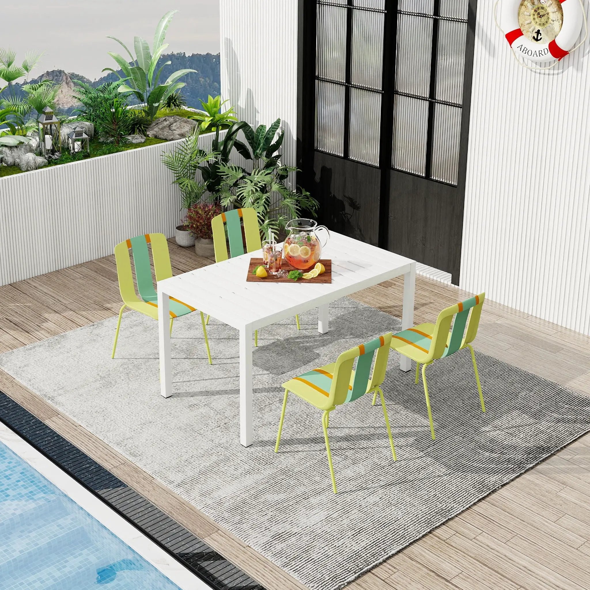 4 Piece Set Of Modern Striped Color- Blocking Single Chairs With Long Table by HouseOfZazla