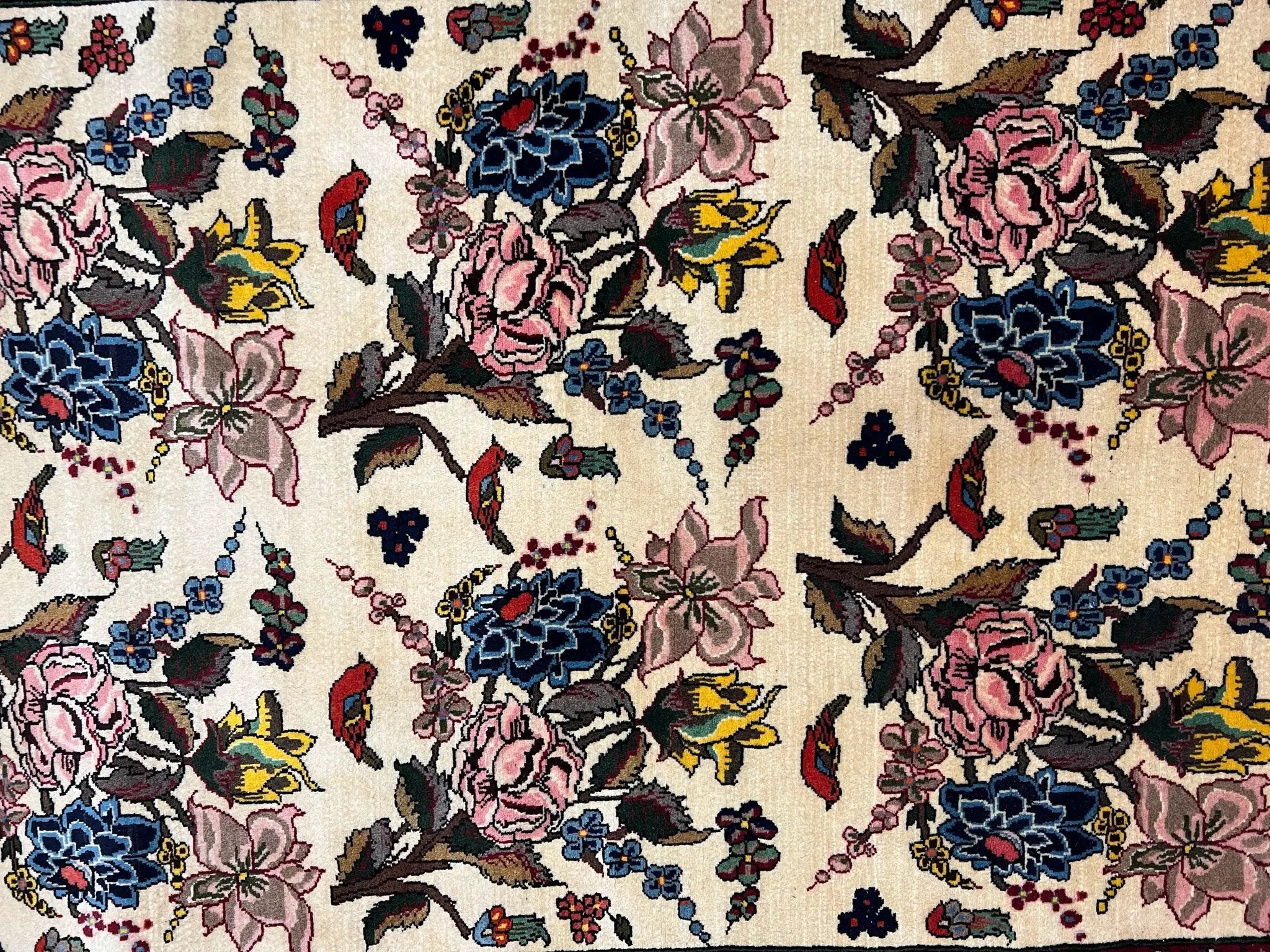 Persian Bidjar Rug 3.6 x 5 ft, Repeated Floral Motifs, Roses and Birds, Cream Burgundy, Fine Wool Oriental Bijar Carpet, Vintage Traditional Area Rug by Jewel Rugs