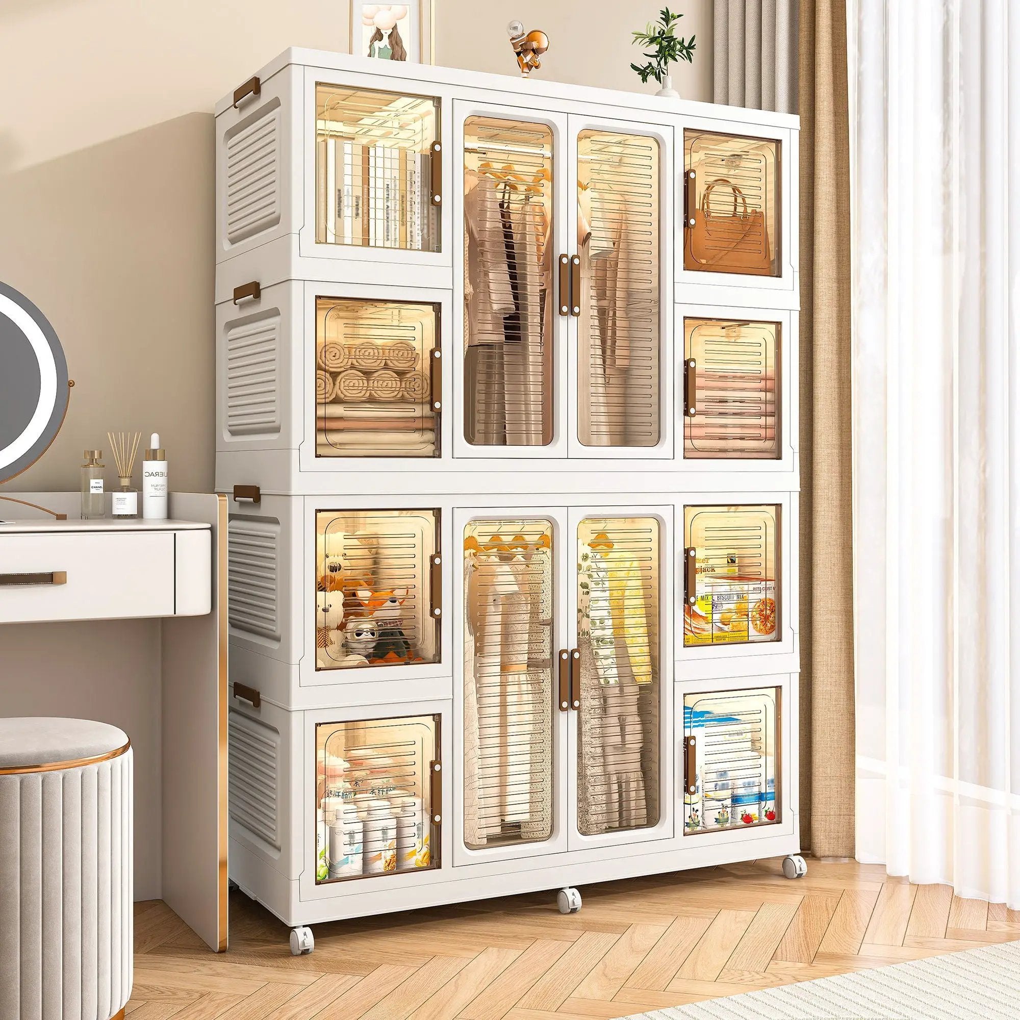 Portable Wardrobe Closet Storage Organizer For Clothes With Magnetic Doors, 12 Cubes & 2 Hanging Rods - White by HouseOfZazla