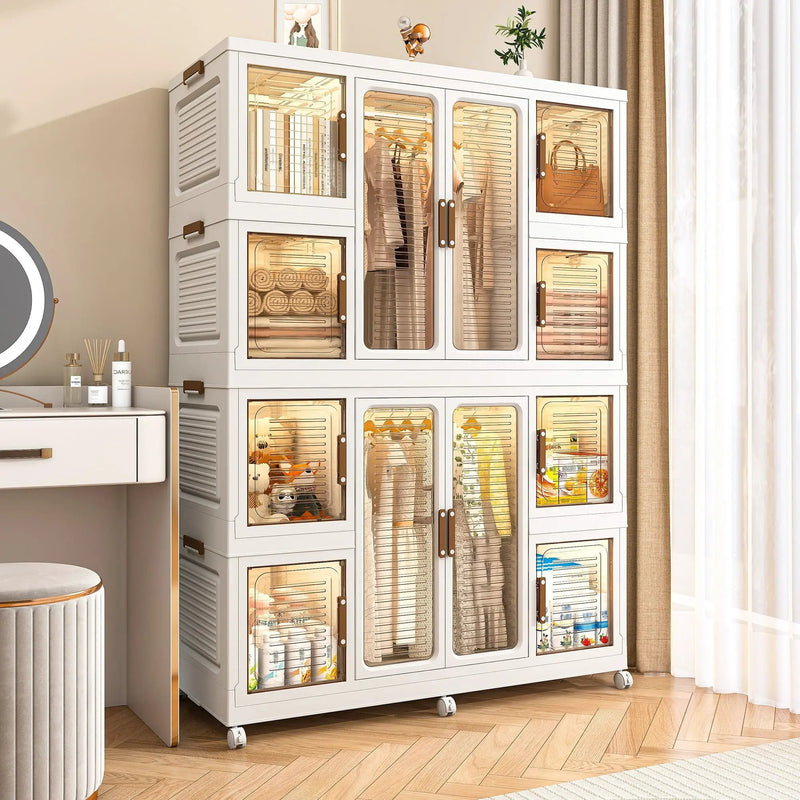 Portable Wardrobe Closet Storage Organizer For Clothes With Magnetic Doors, 12 Cubes & 2 Hanging Rods - White by Unique Piece Furniture