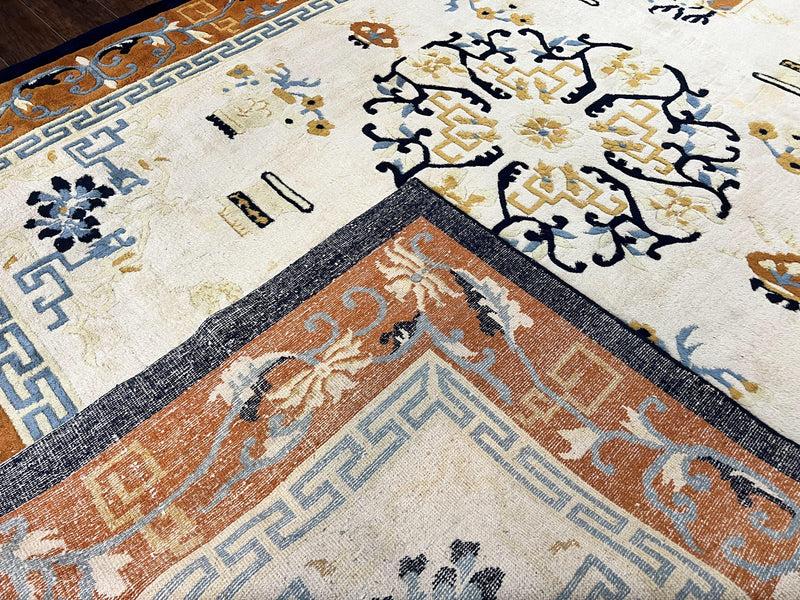 Indo Chinese Rug 9x12, Asian Oriental Carpet 9 x 12, Cream & Burnt Orange, Handmade Wool Vintage Art Deco Rug by Jewel Rugs