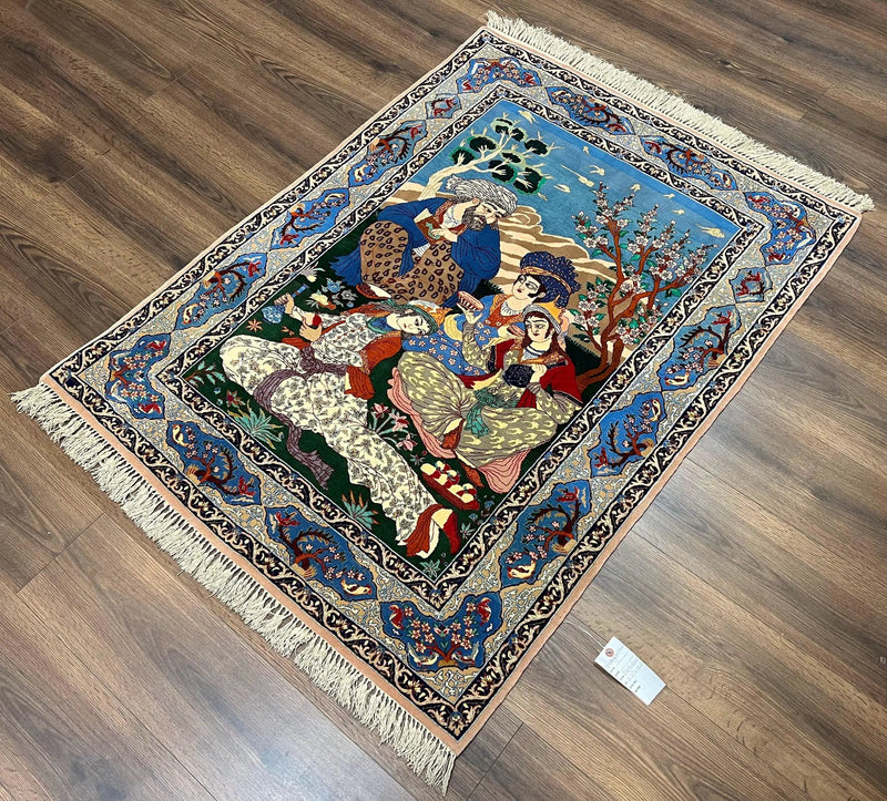 Fine Persian Isfahan Pictorial Rug 3.7 x 5, Kork Wool on Silk Foundation, Blue Persian Carpet, Hand Knotted, Humans Birds, High KPSI, Semi Antique by Jewel Rugs