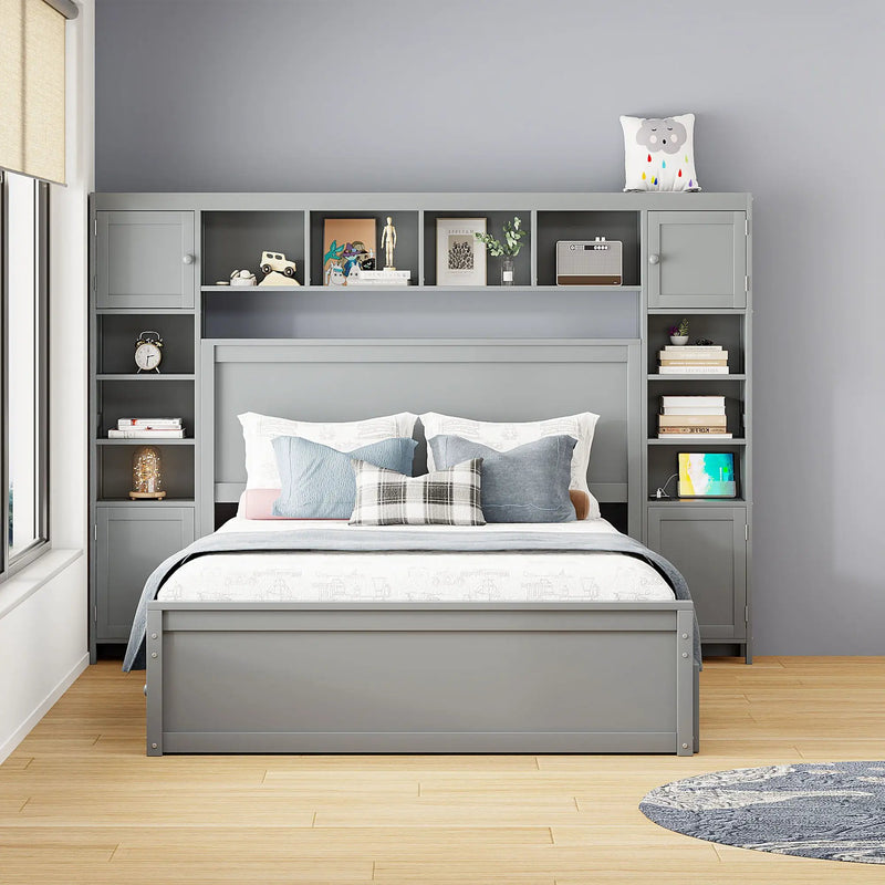 Bed With All In One Cabinet, Shelf And Sockets, Twin Long Trundle by Unique Piece Furniture
