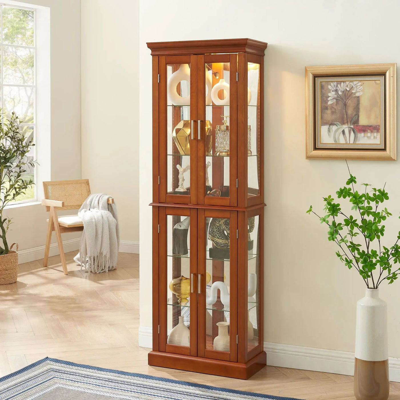 Curio Cabinet Lighted Curio Diapaly Cabinet With Adjustable Shelves And Mirrored Back Panel, Tempered Glass Doors (6 Tier), (E26 Light Bulb Not Included) by Unique Piece Furniture