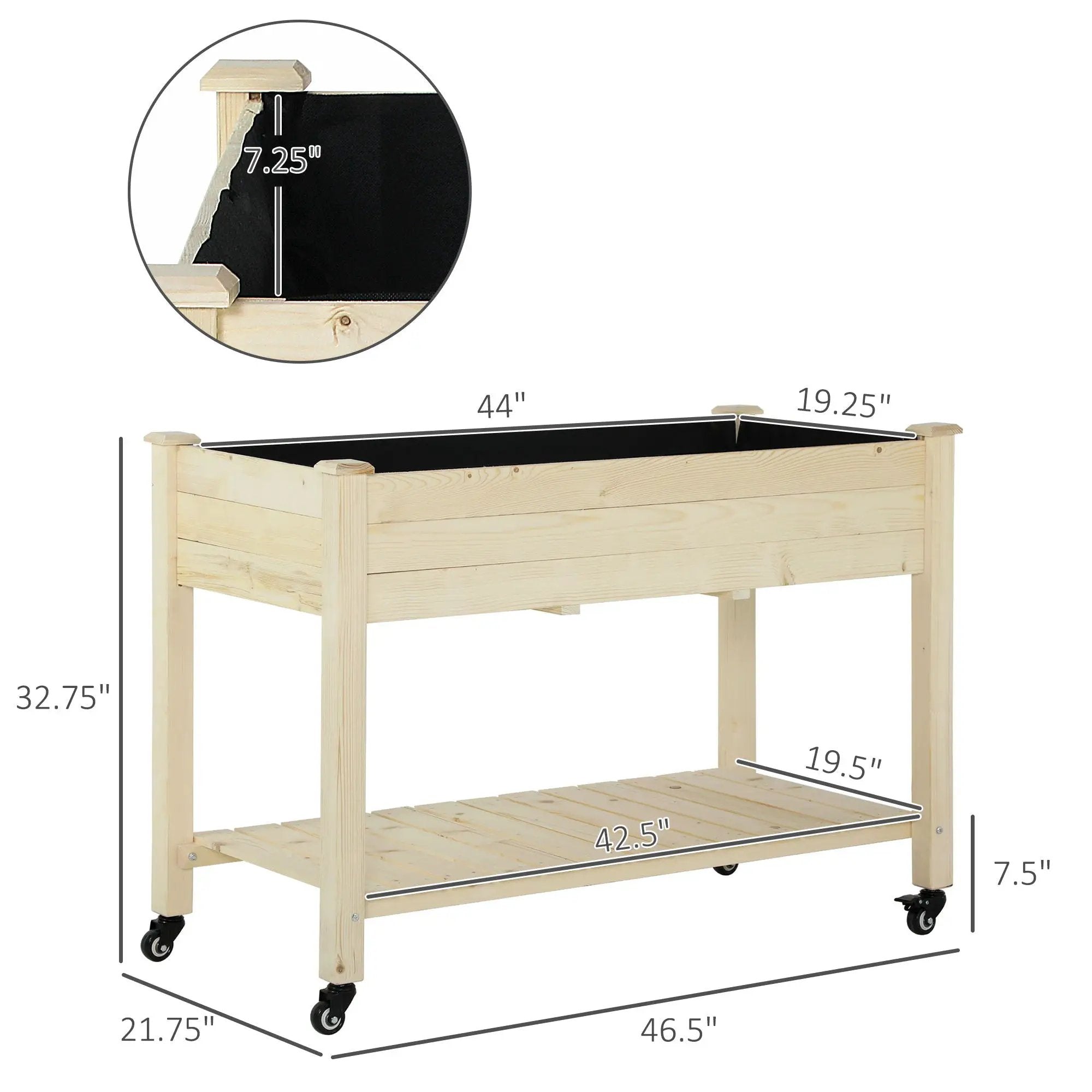 Outsunny - Raised Garden Bed, 47" x 22" x 33", Elevated Wooden Planter Box With Lockable Wheels, Storage Shelf, And Bed Liner For Backyard, Patio - Natural by Unique Piece Furniture