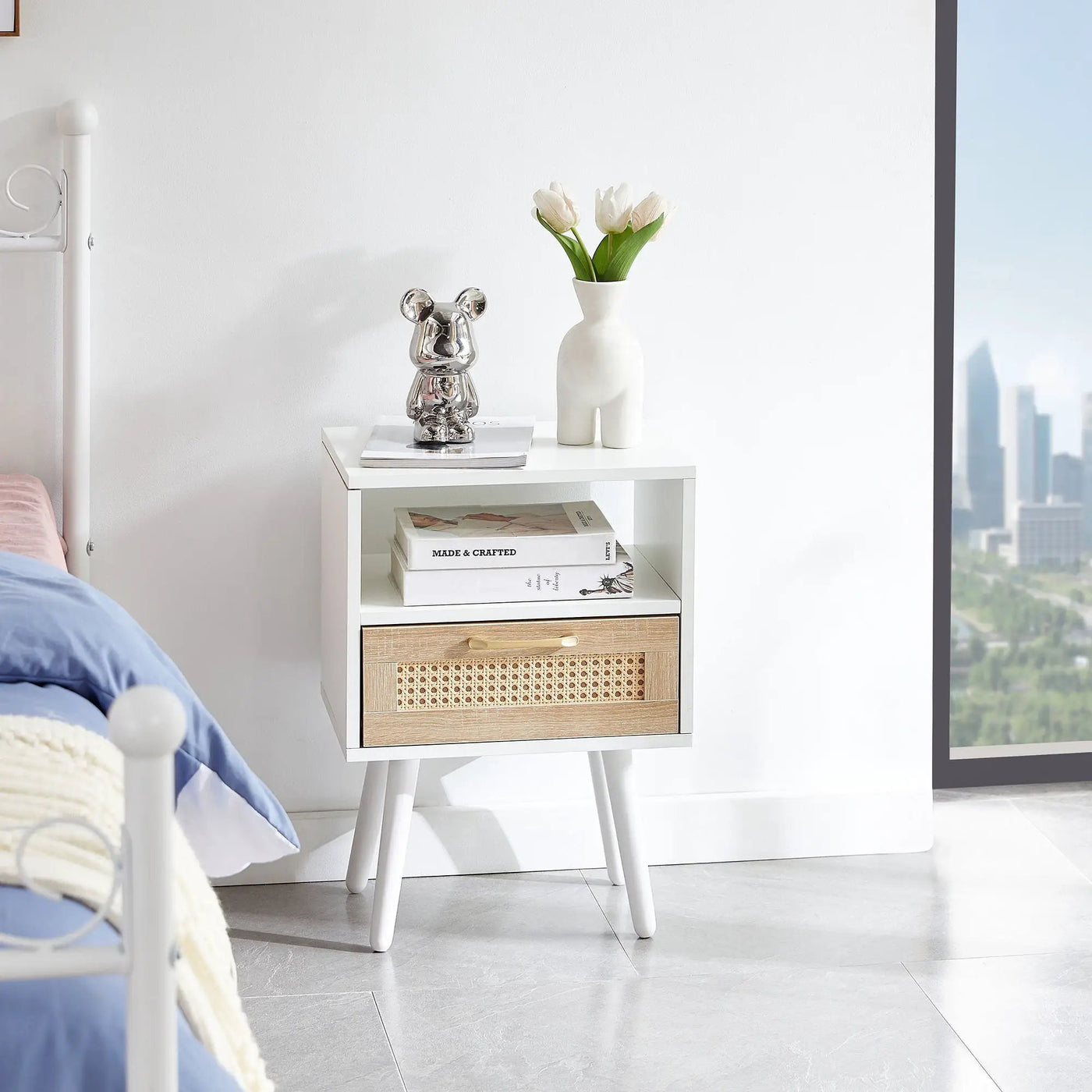 15.75" Rattan End Table With Drawer And Solid Wood Legs, Modern Nightstand, Side Table For Living Room, Bedroom by HouseOfZazla