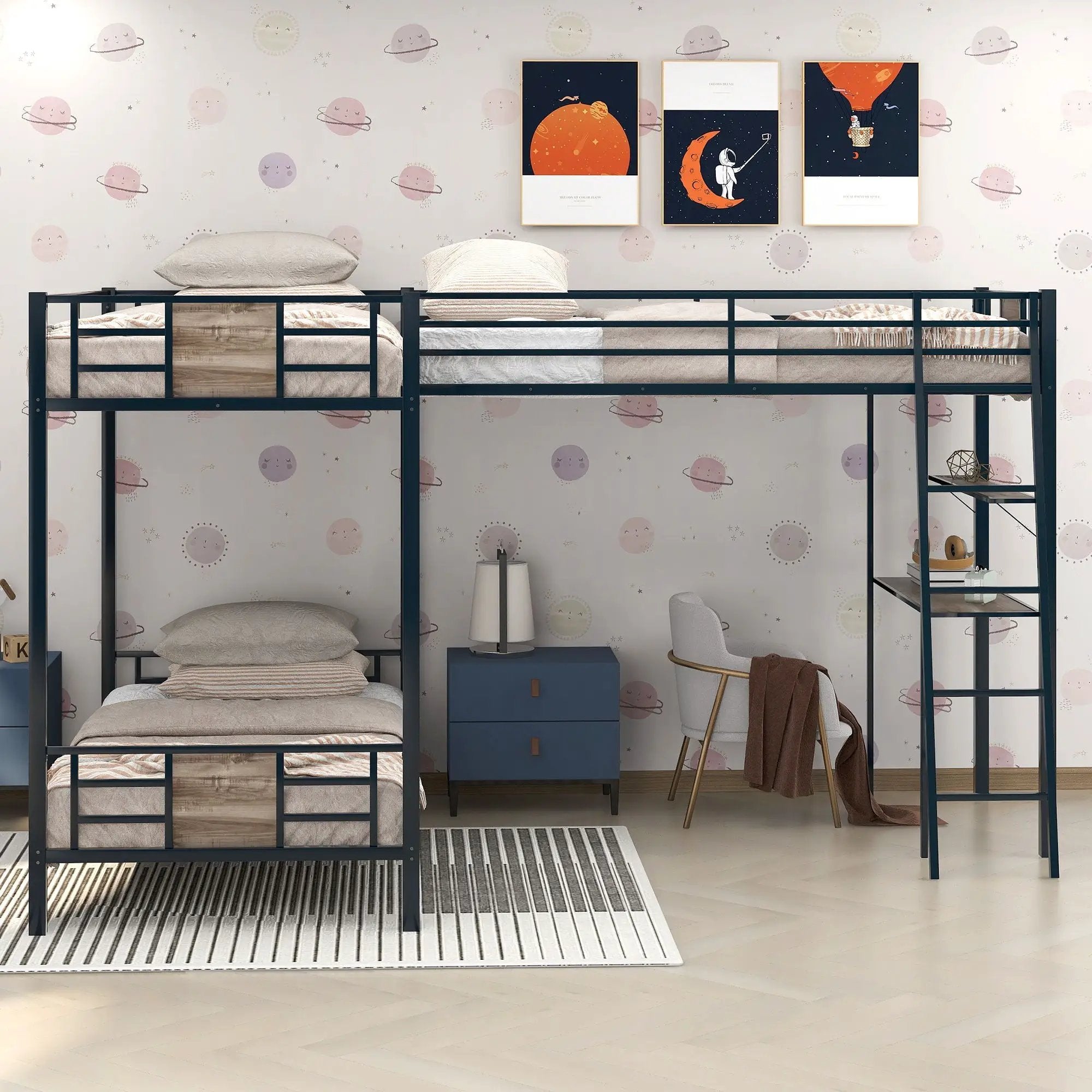 L-Shaped Twin Over Twin Bunk Bed With Twin Size Loft Bed With Desk And Shelf - Brown by HouseOfZazla