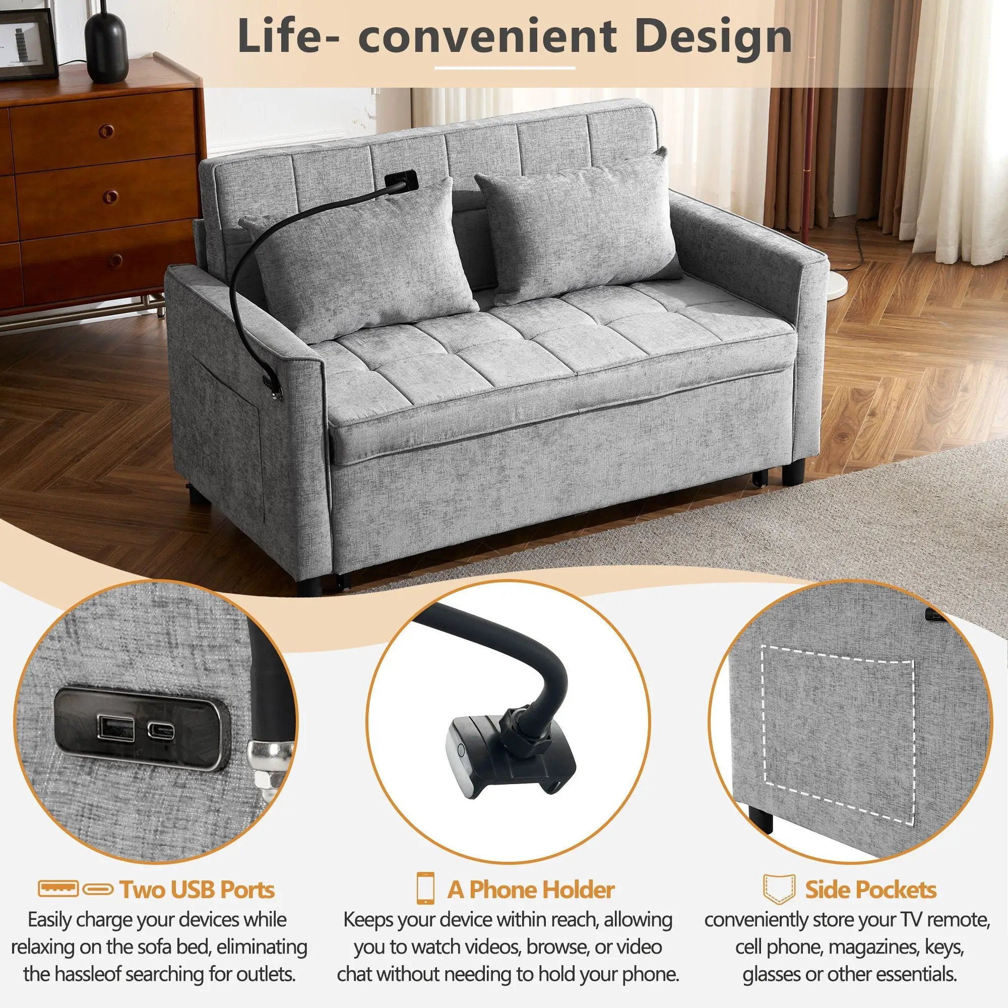 Pull-Out Sleeper Sofa With Reversible Backrest Cushion, Side Pockets, 2 USB Ports And A Phone Holder For Living Room by HouseOfZazla