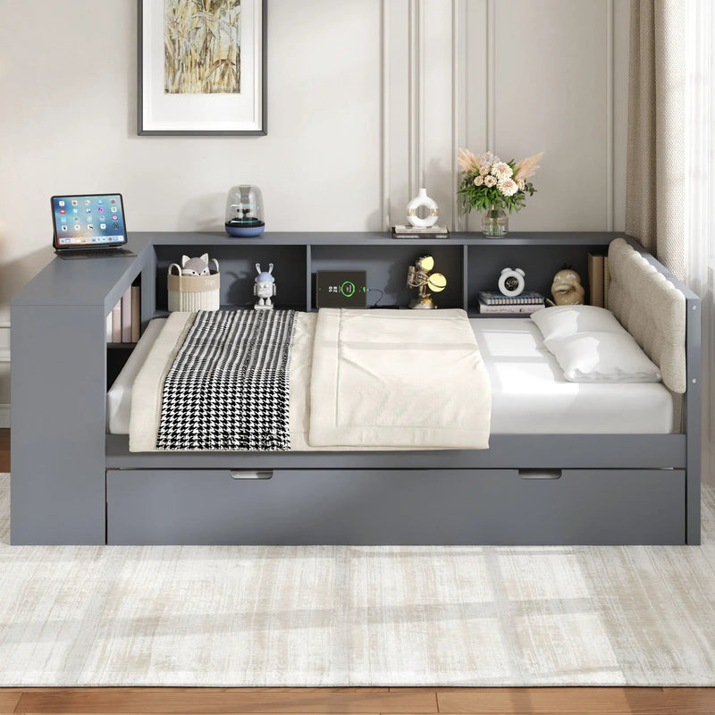 Upholstered Headboard Platform Bed with Storage Shelves, Trundle, and Charging Station by HouseOfZazla