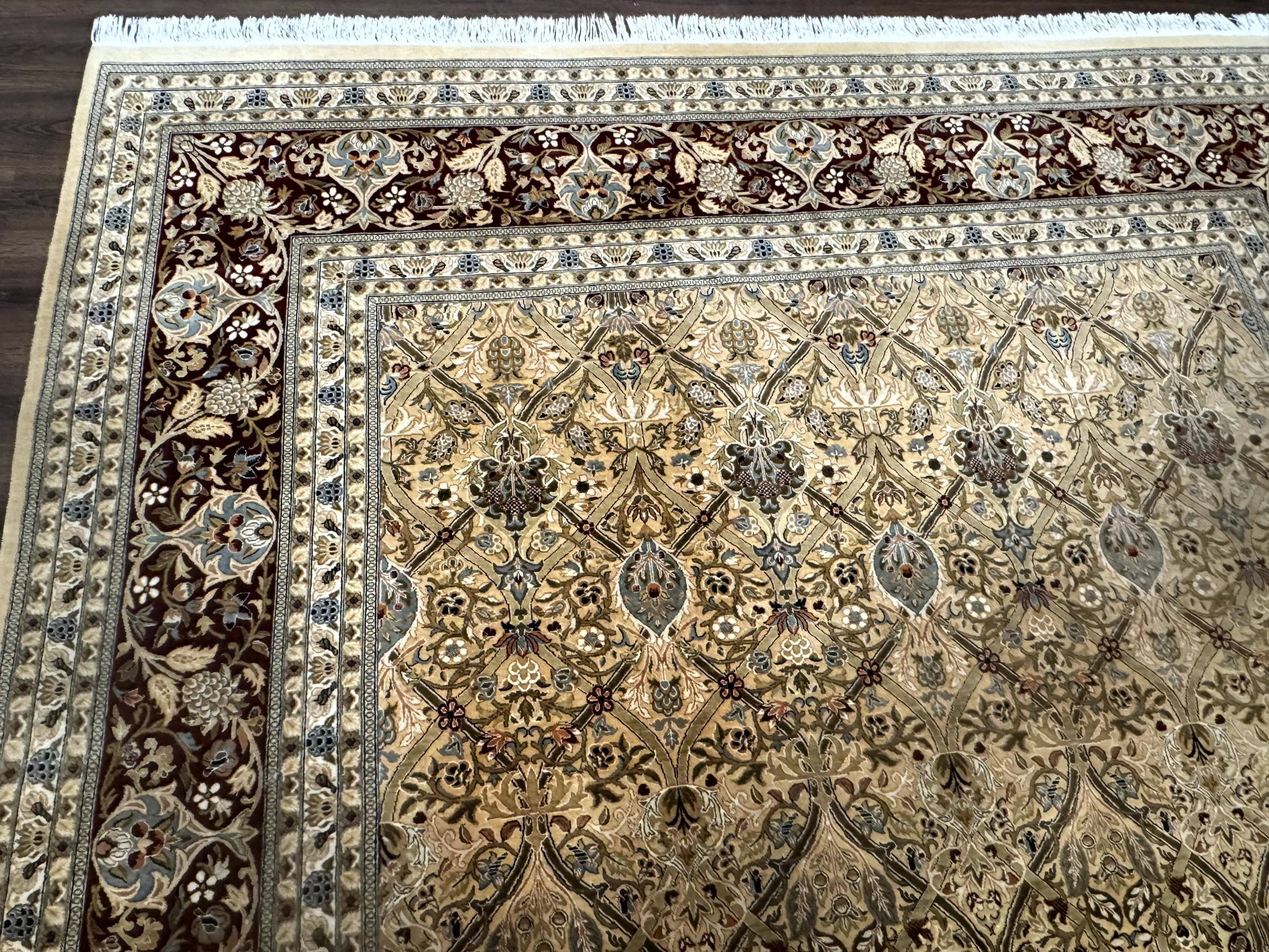 Fine Pak Persian Rug 9x12, Gold and Wine Red, Panel Design, 330 KPSI by Jewel Rugs