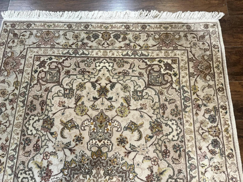 Pak Persian Rug 4x6, Floral Medallion, Beige, Wool and Silk Highlights, Vintage Handmade Rug by Jewel Rugs