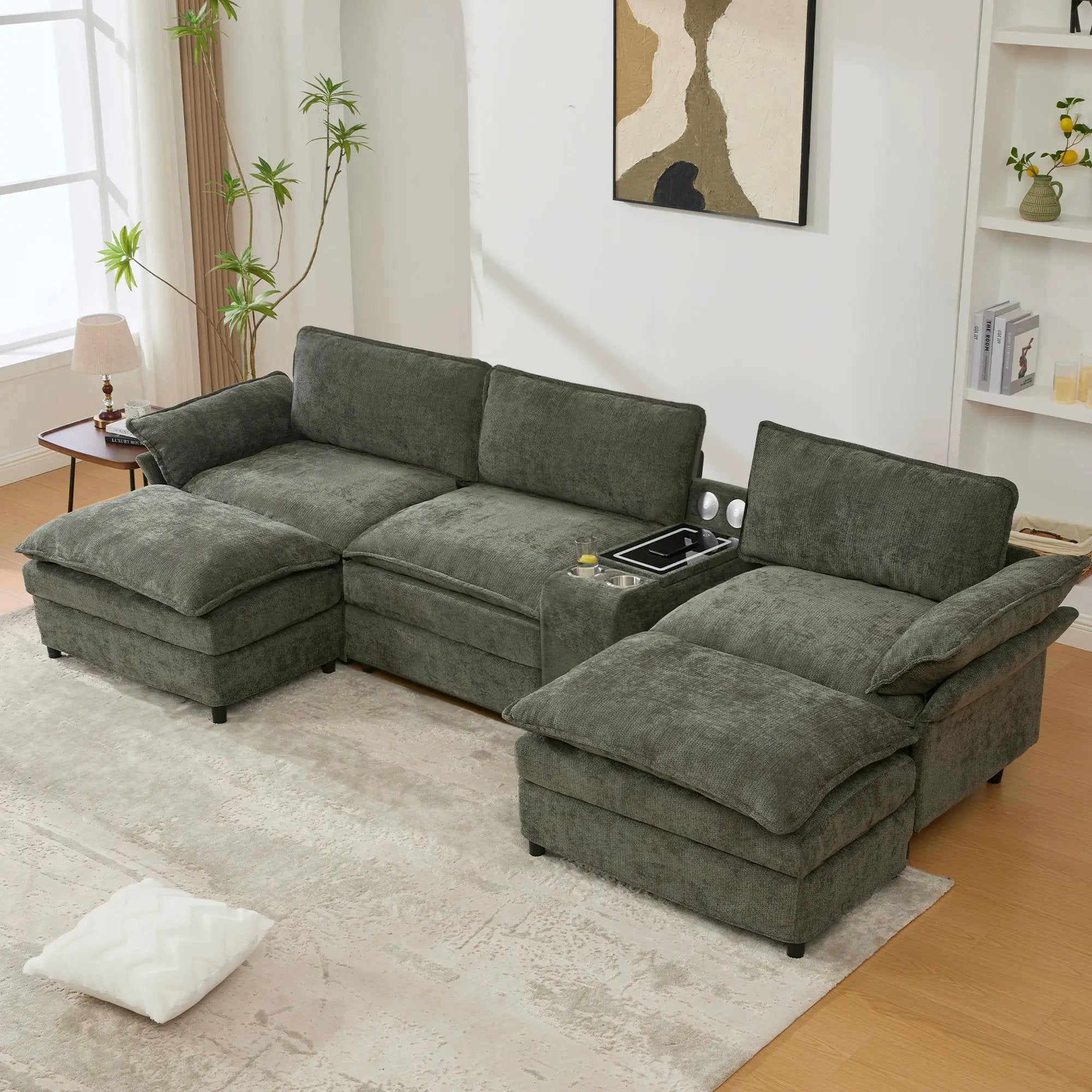 U Shaped Modular Sectional Sofa with Storage Console & Bluetooth Speakers by HouseOfZazla