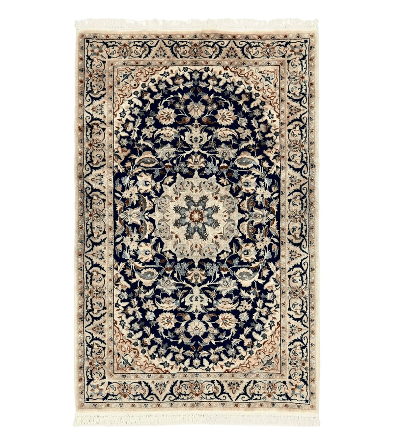 Persian Nain Rug 3x5, Floral Medallion Oriental Carpet, Very Fine Hand Knotted Handmade Wool and Silk Highlights Rug, Vintage Semi Antique by Jewel Rugs