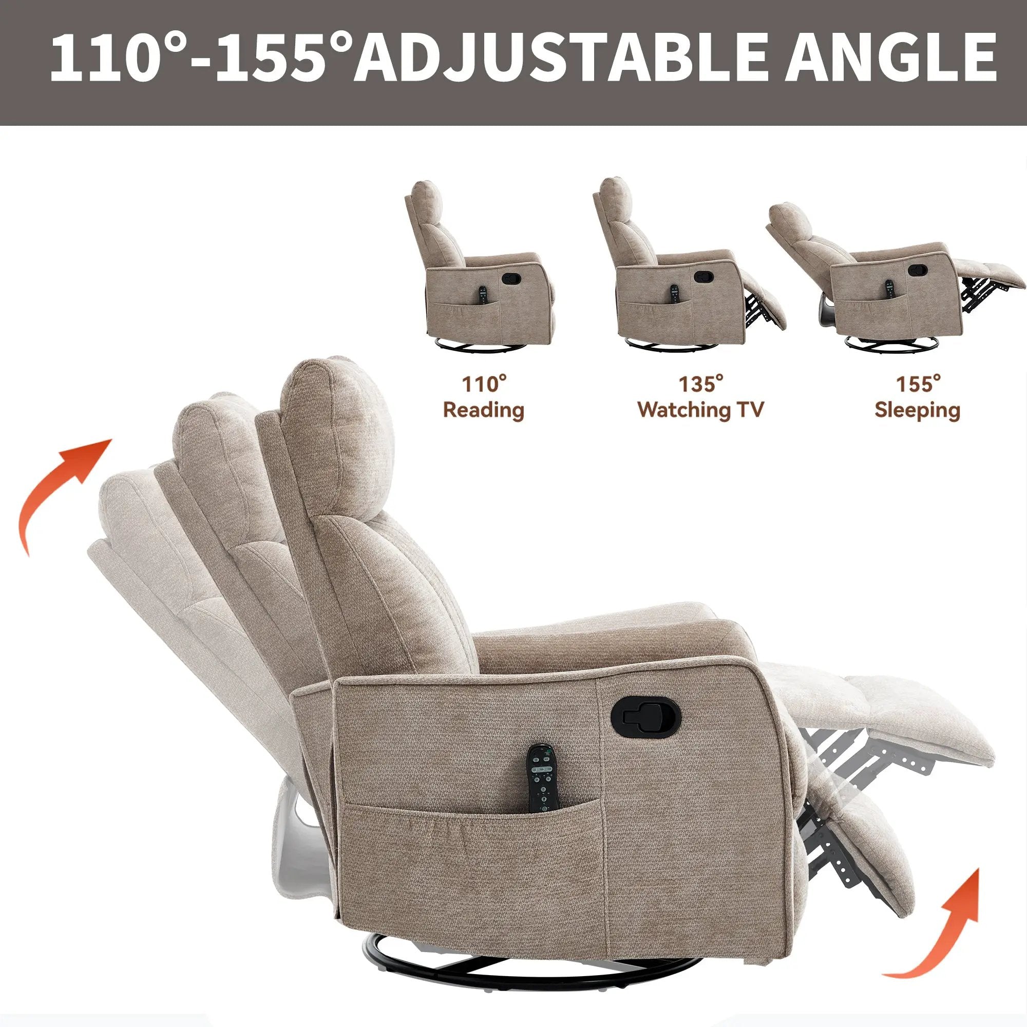 Khaki Heat Massage Manual Recliner Chair with Rocker and Swivel in Fabric for Living Room by HouseOfZazla