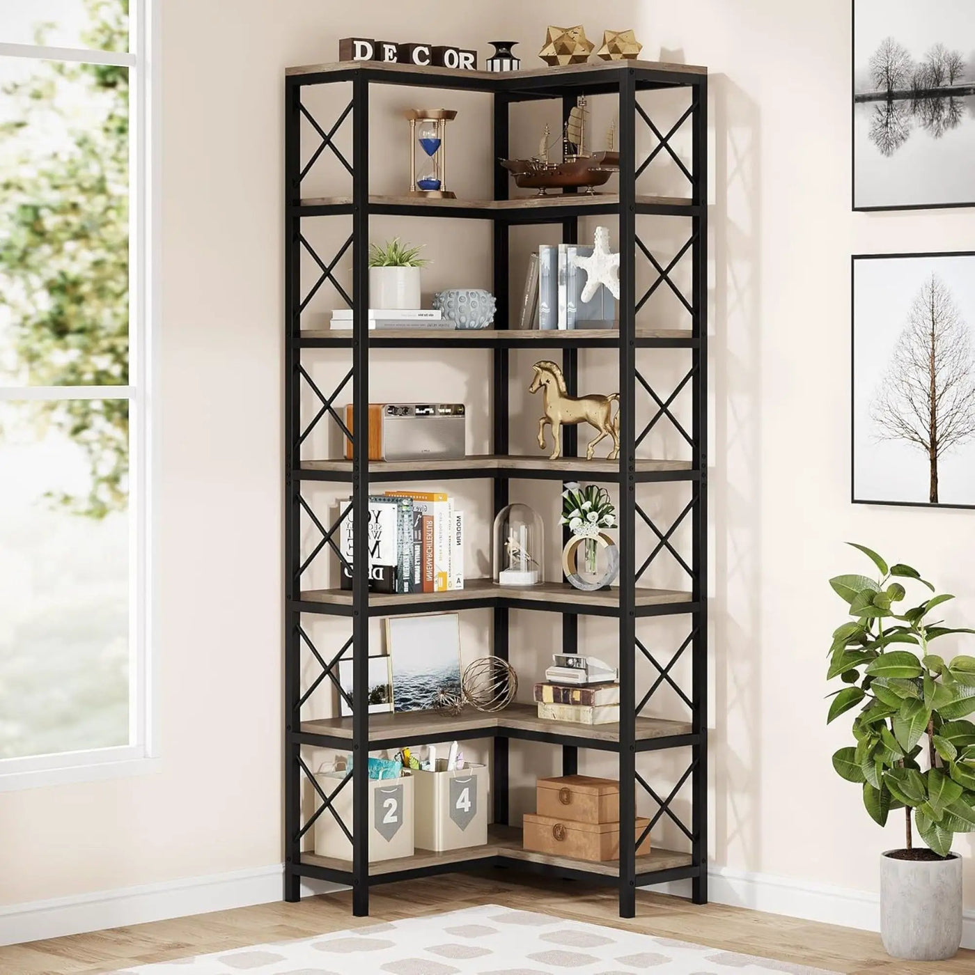 7 Tier Corner Bookshelf, Storage Unit For Living Room by HouseOfZazla