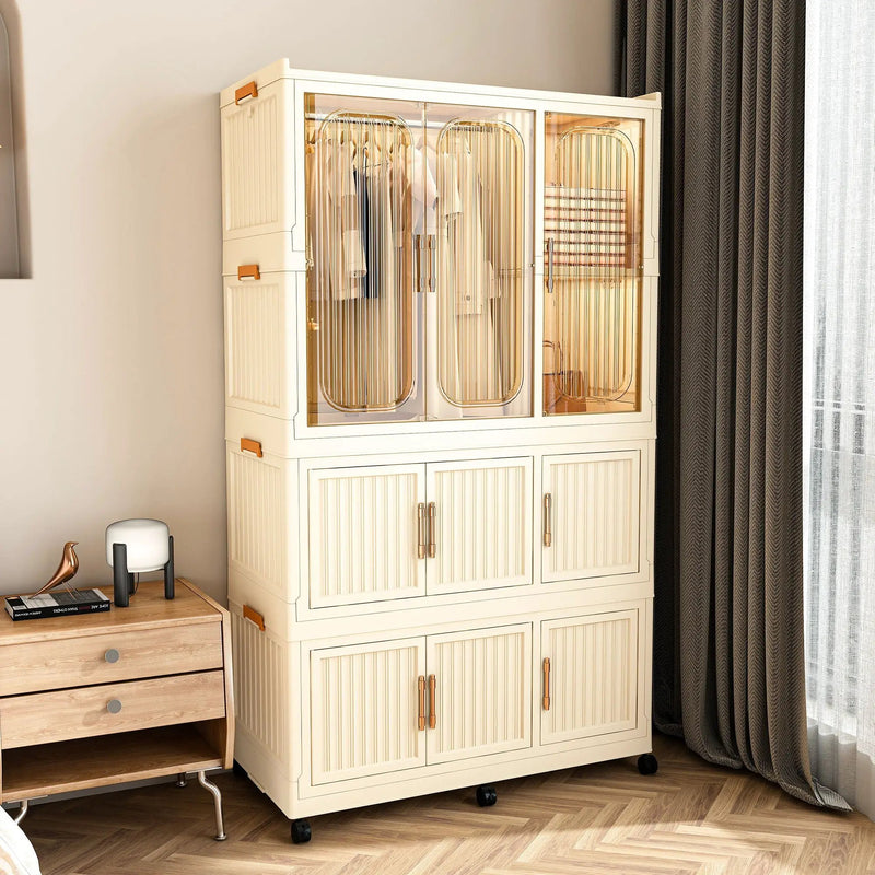 Portable Wardrobe Closet Storage Organizer With 9 Magnetic Doors - Cream White by Unique Piece Furniture