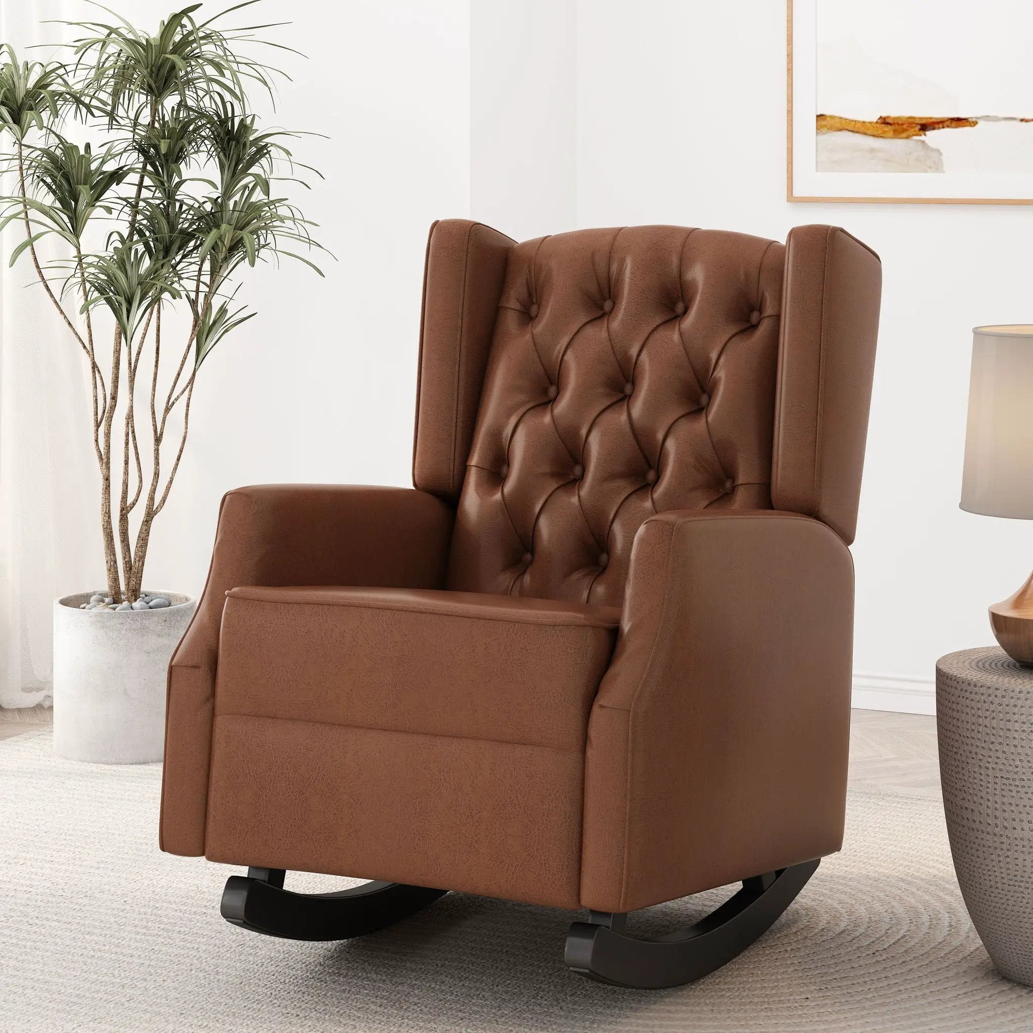 Moss Upholstered Rocking Recliner With Diamond Tufting And Wingback - Light Brown by HouseOfZazla