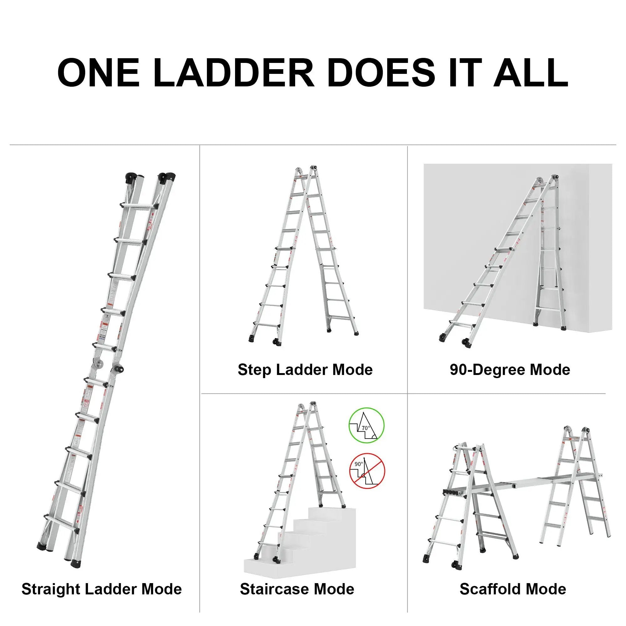 22' Aluminum Multi-Position Ladder With Wheels, 300 Lbs Weight Rating - Metallic Gray by HouseOfZazla