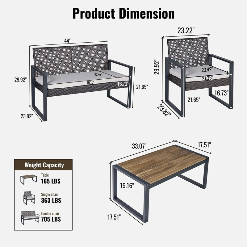 4 Piece Patio Furniture Set With Acacia Wood Table Top And Cushions by HouseOfZazla